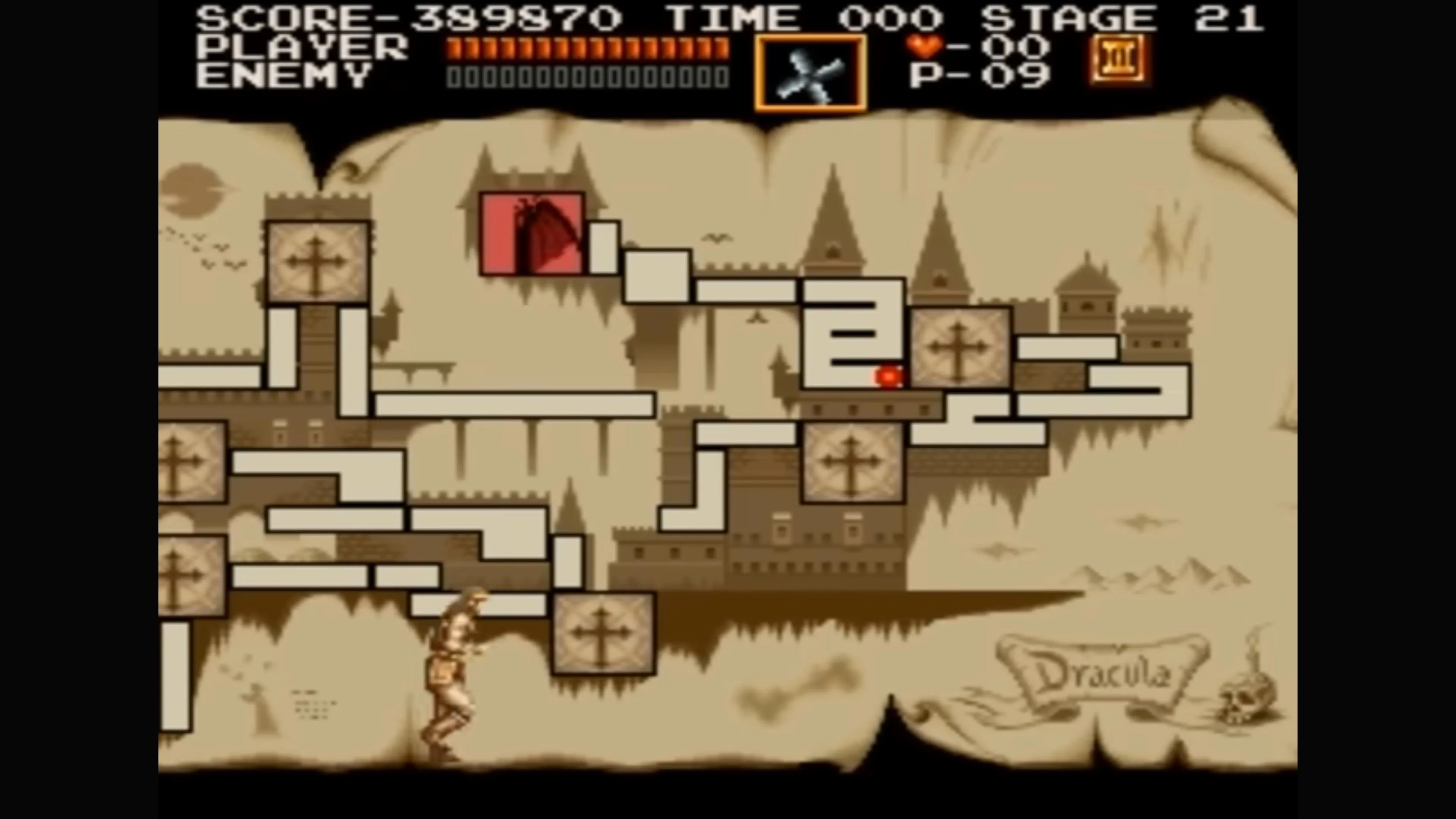 Simon Belmont khám phá một khu vực mới trong lâu đài, với kiến trúc Gothic đặc trưng.