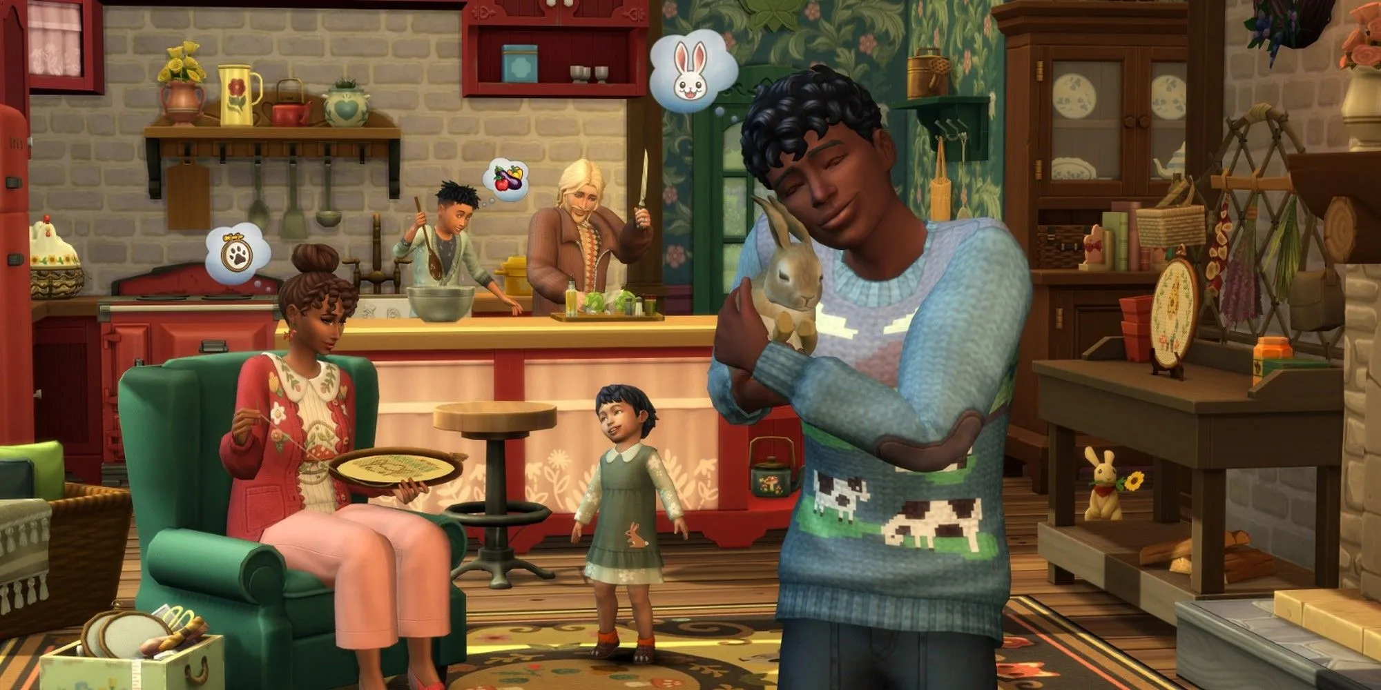 Sims cùng nhau nấu ăn với chú thỏ và em bé trong The Sims 4 Cottage Living.