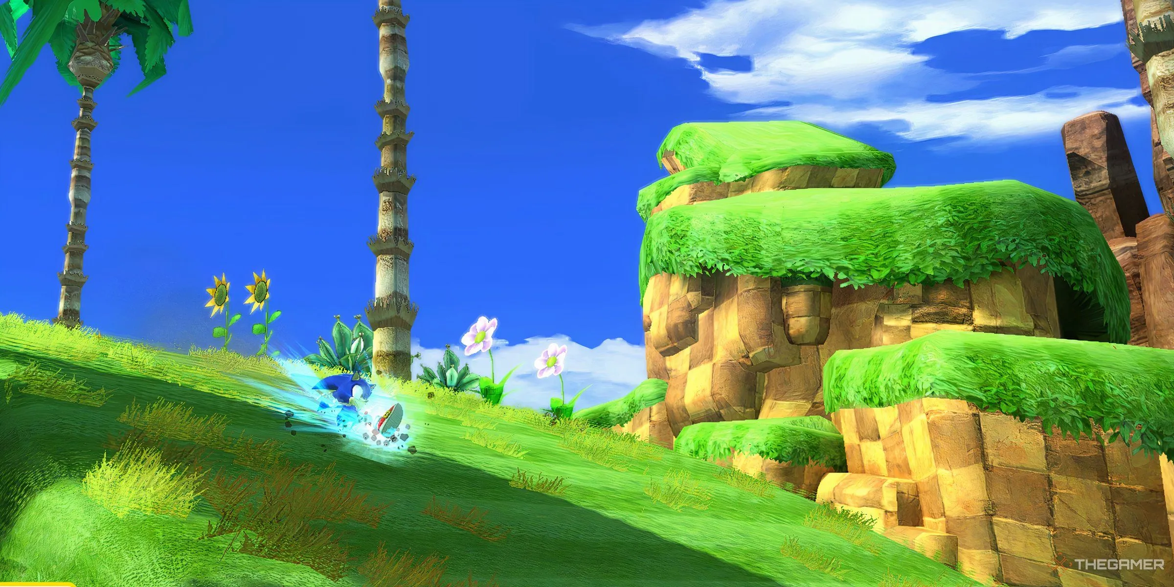 Sonic lướt đi trong Green Hill Zone ở Sonic X Shadow Generations, với những vòng lặp và kiến trúc sọc caro đặc trưng.