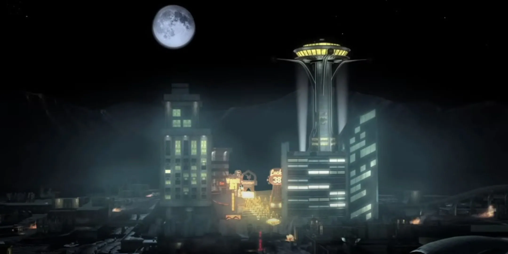 Thành phố New Vegas hiện ra xa xa trong Fallout: New Vegas, với ánh sáng rực rỡ giữa vùng đất hoang tàn hậu tận thế.