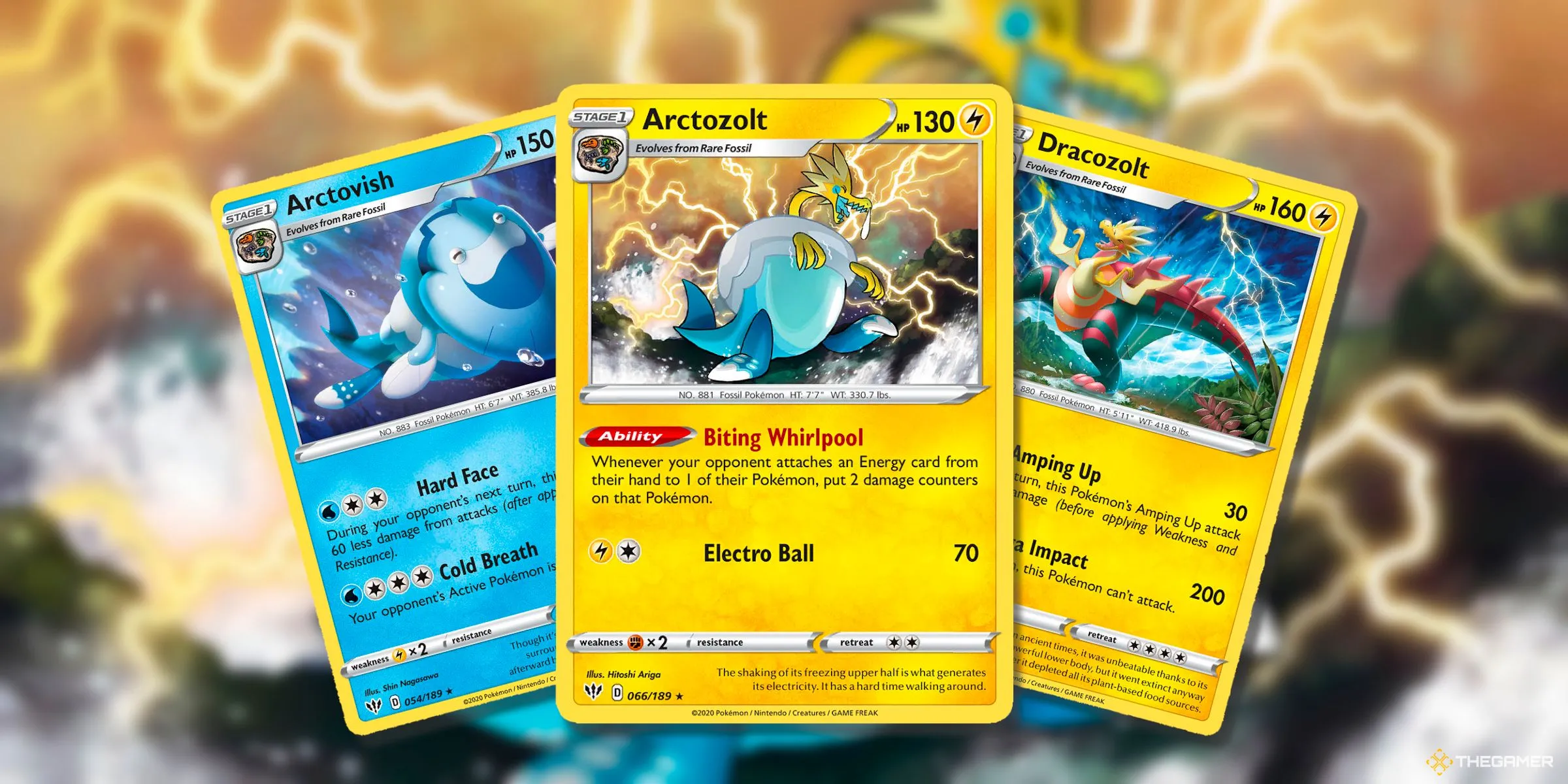 Thẻ bài Arctovish, Arctozolt và Dracozolt từ kỷ nguyên Sword &amp; Shield của Pokemon TCG.