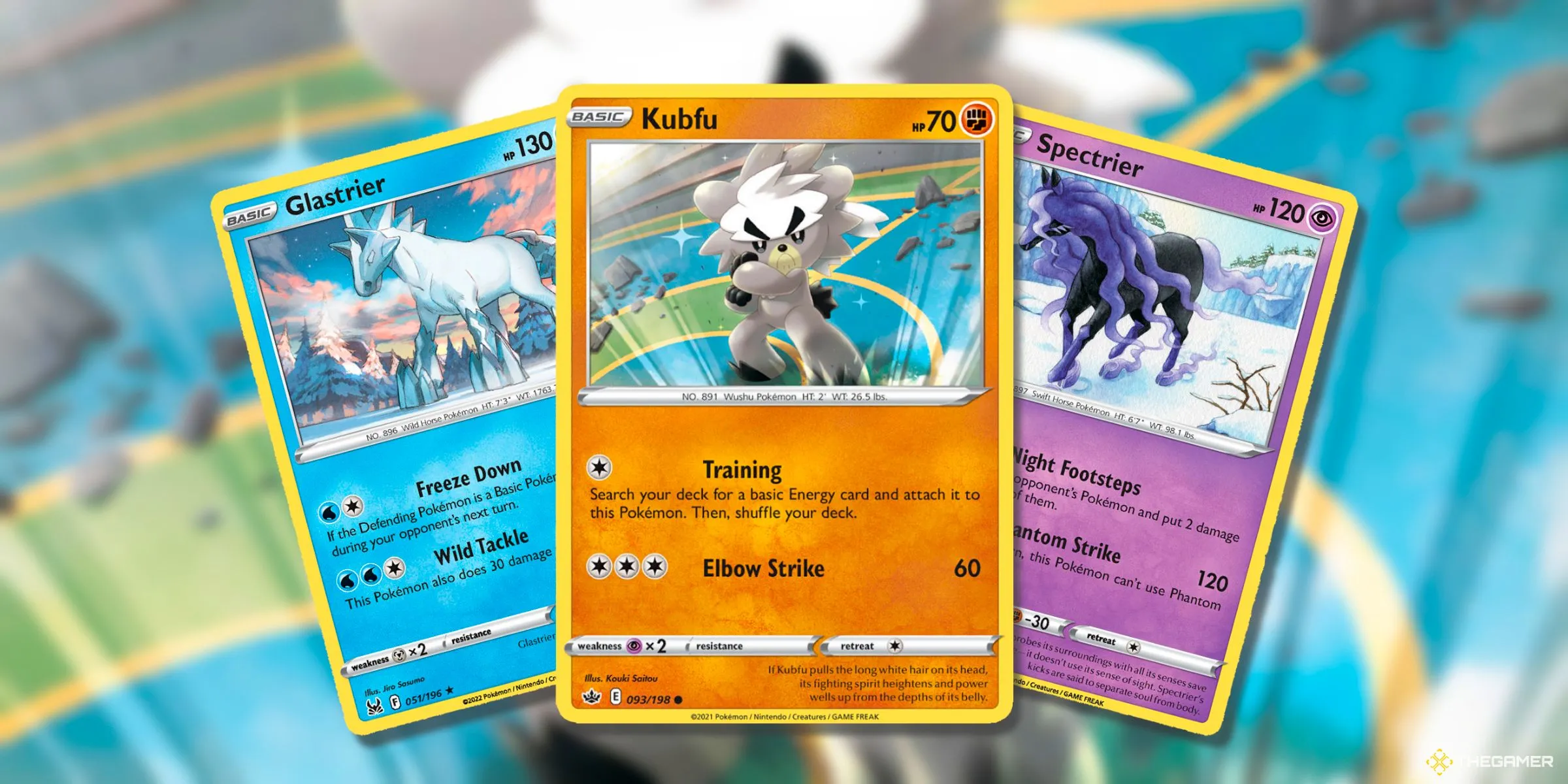 Thẻ bài Glastrier, Kubfu và Spectrier từ kỷ nguyên Sword &amp; Shield của Pokemon TCG.
