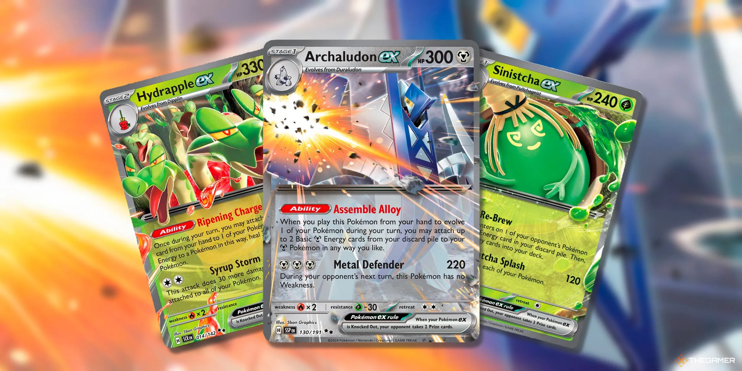 Thẻ bài Hydrapple EX, Archaludon EX và Sinistcha EX từ kỷ nguyên Scarlet &amp; Violet của Pokemon TCG.