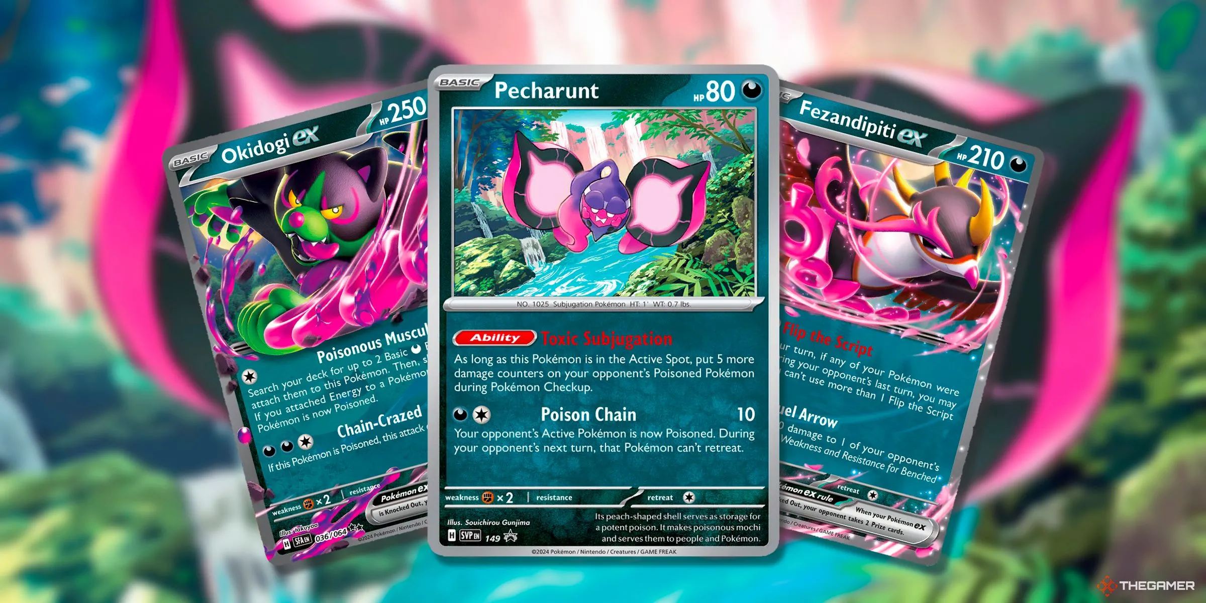 Thẻ bài Okidogi EX, Pecharunt và Fezandipiti EX từ kỷ nguyên Scarlet &amp; Violet của Pokemon TCG.