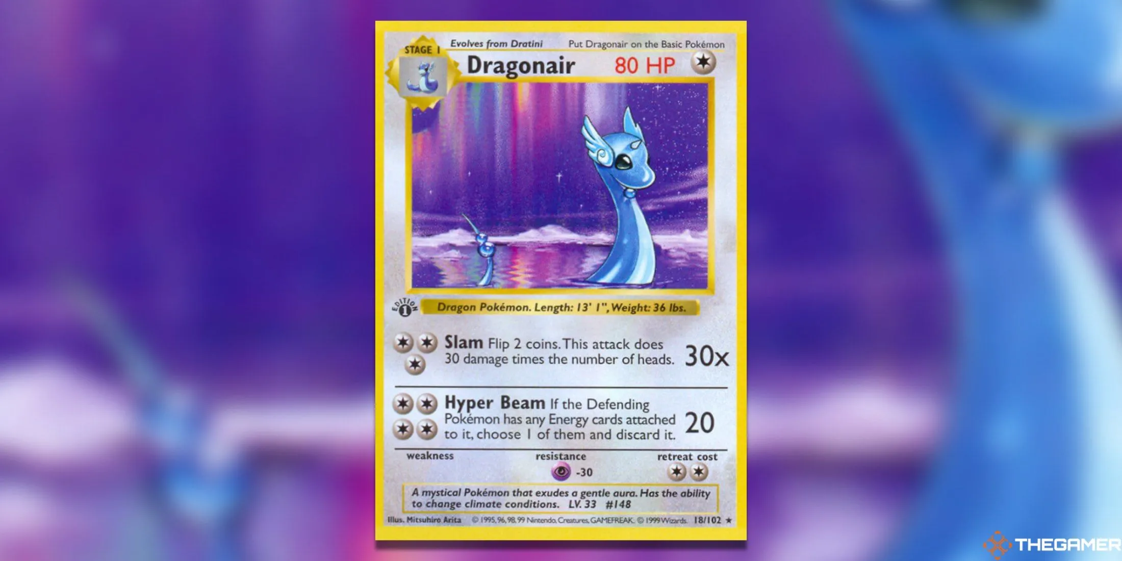 Thẻ bài Pokemon TCG Dragonair phiên bản First Edition Base Set hiếm và có giá trị sưu tầm lớn