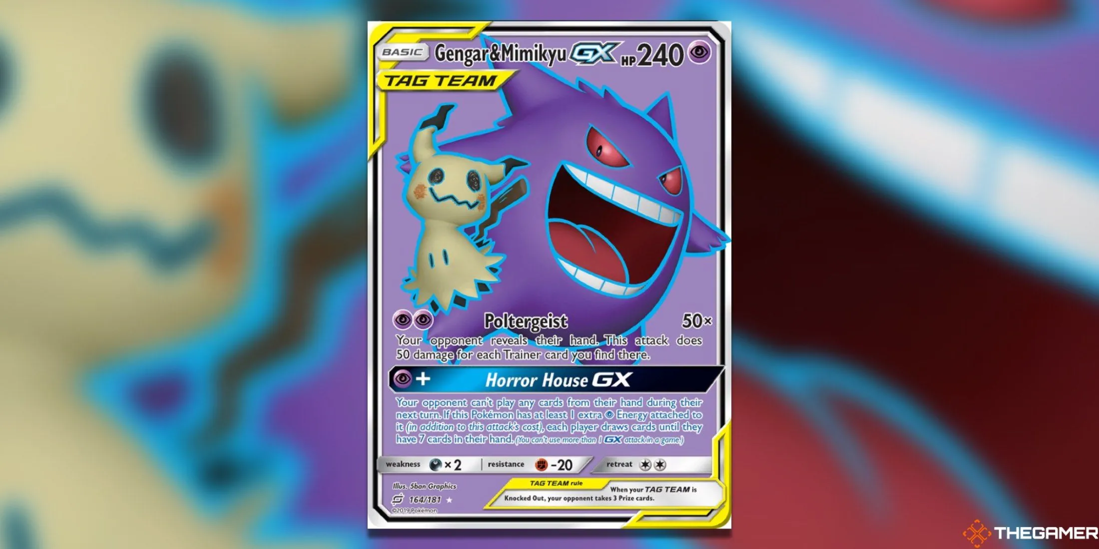 Thẻ bài Pokemon TCG Gengar &amp; Mimikyu GX Full Art từ bộ Team Up, nghệ thuật toàn mặt với hai Pokemon hệ Ma.