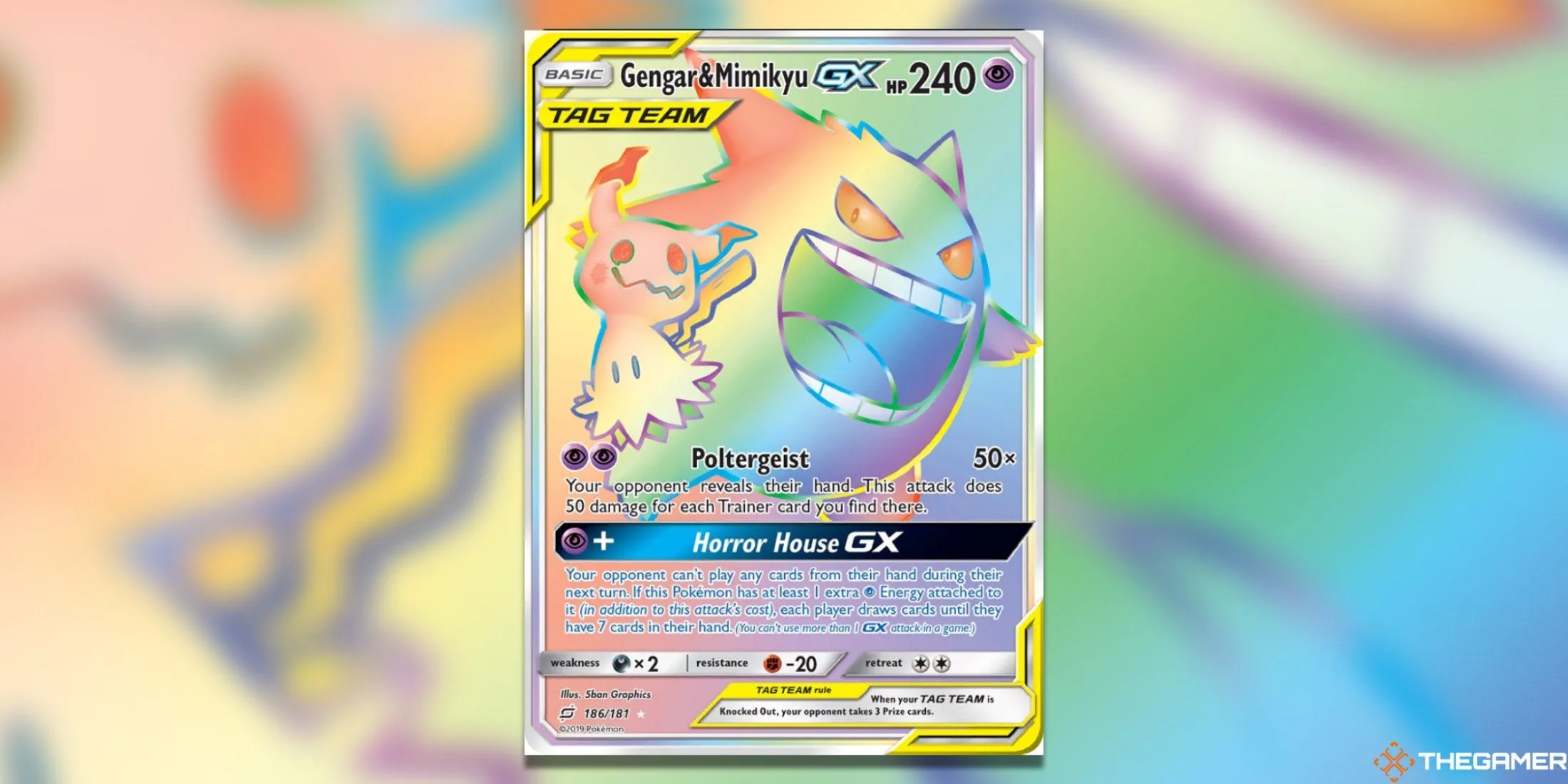 Thẻ bài Pokemon TCG Gengar &amp; Mimikyu GX Secret Rare từ bộ Team Up, thể hiện vẻ ma mị và giá trị cao.