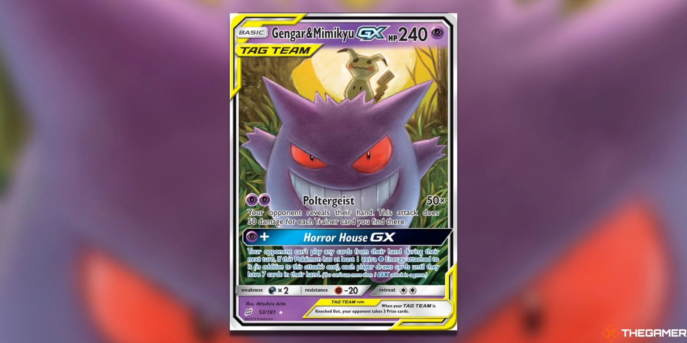 Thẻ bài Pokemon TCG Gengar &amp; Mimikyu GX Ultra Rare từ bộ Team Up, Mimikyu ngồi trên đầu Gengar.