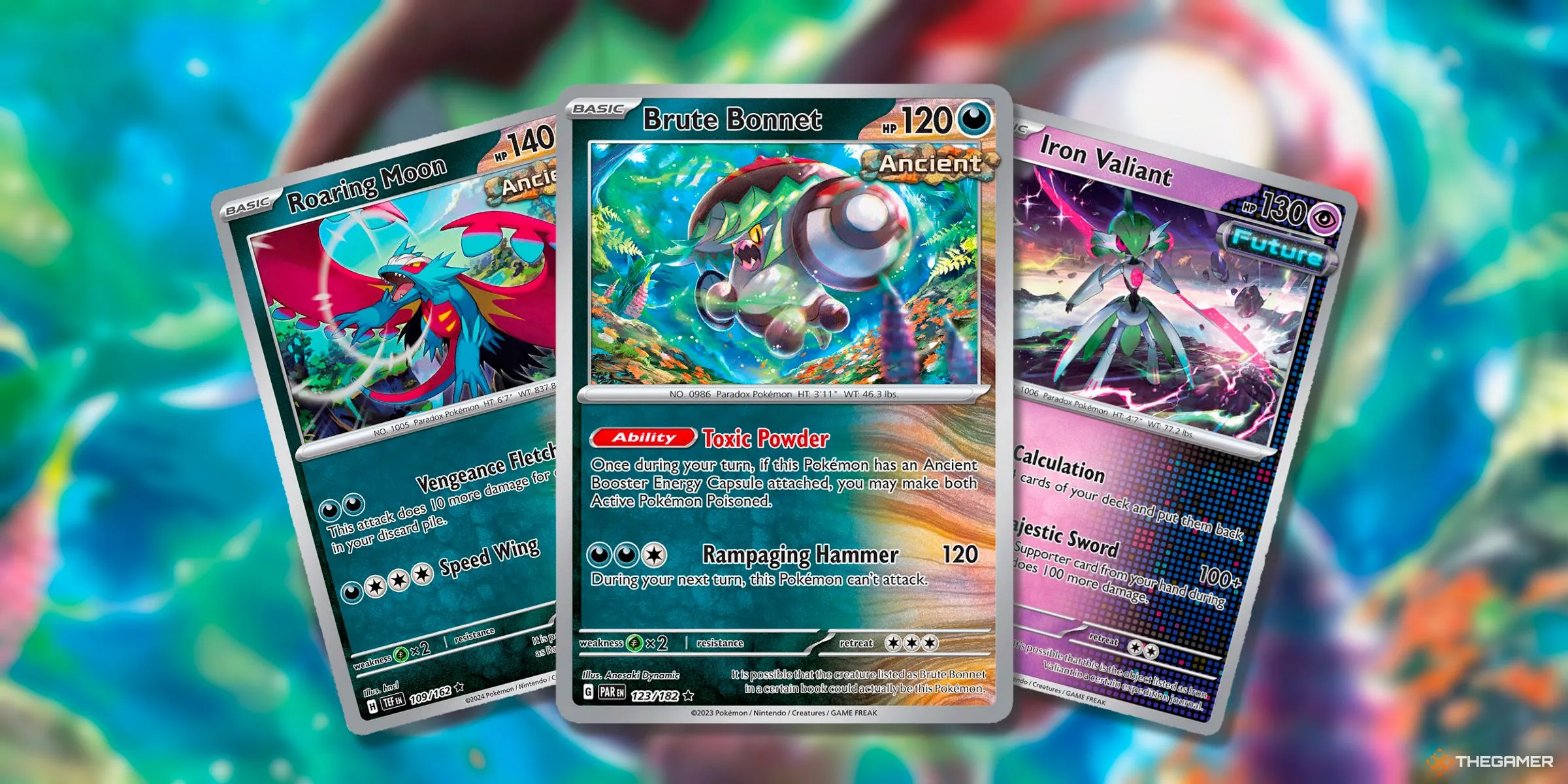 Thẻ bài Roaring Moon, Brute Bonnet và Iron Valiant từ kỷ nguyên Scarlet &amp; Violet của Pokemon TCG.