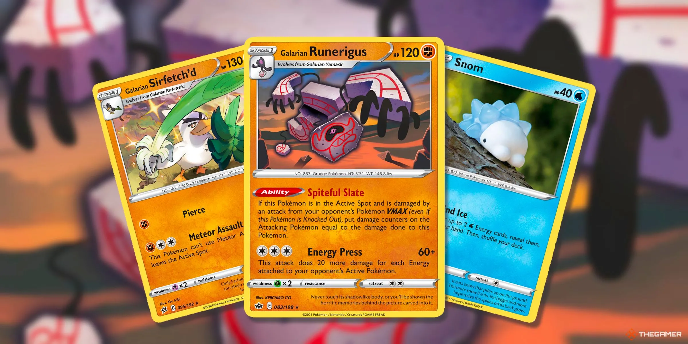 Thẻ bài Sirfetch'd, Runerigus và Snom từ kỷ nguyên Sword &amp; Shield của Pokemon TCG.