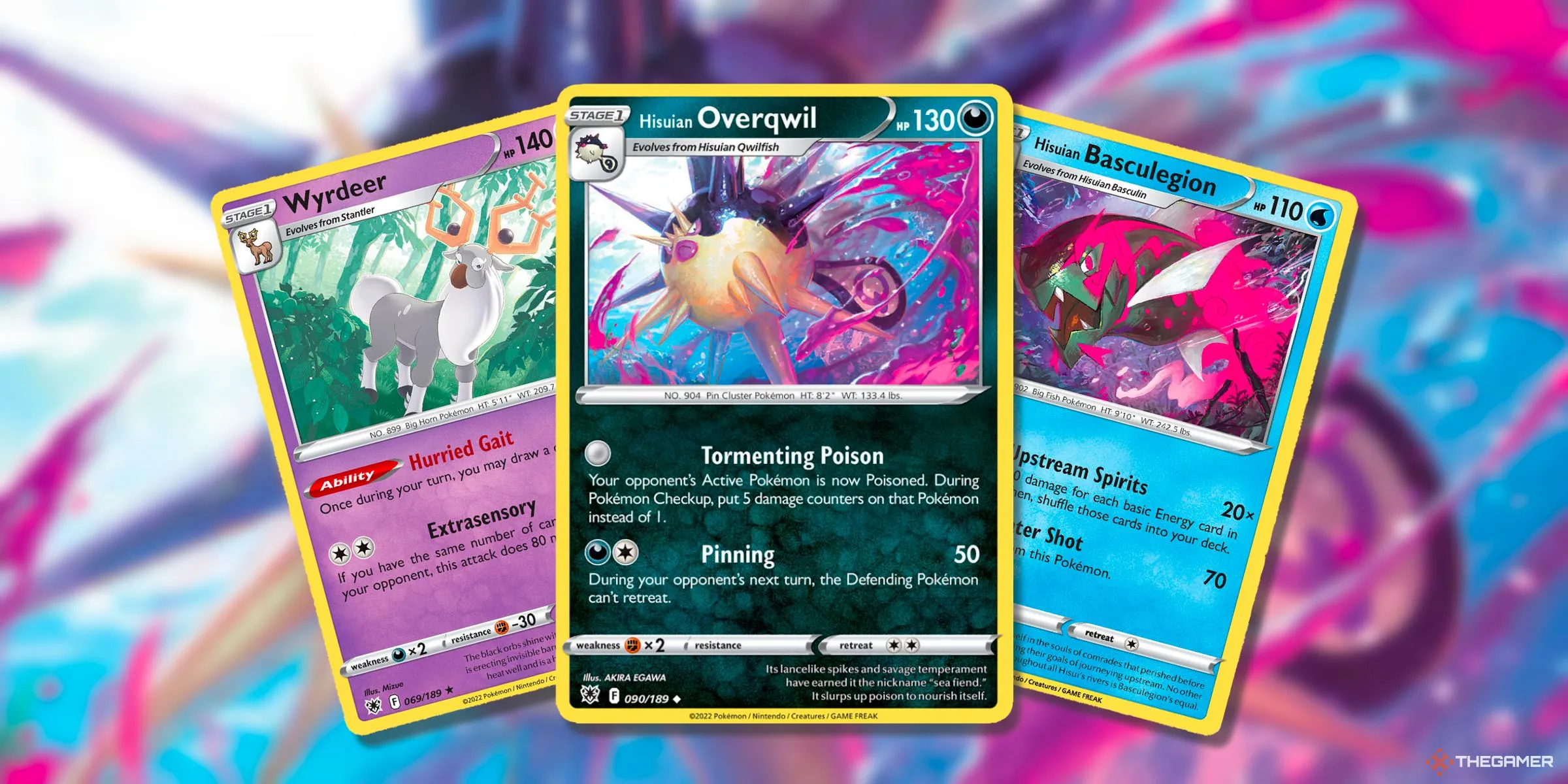 Thẻ bài Wyrdeer, Overqwil và Basculegion từ kỷ nguyên Sword &amp; Shield của Pokemon TCG.