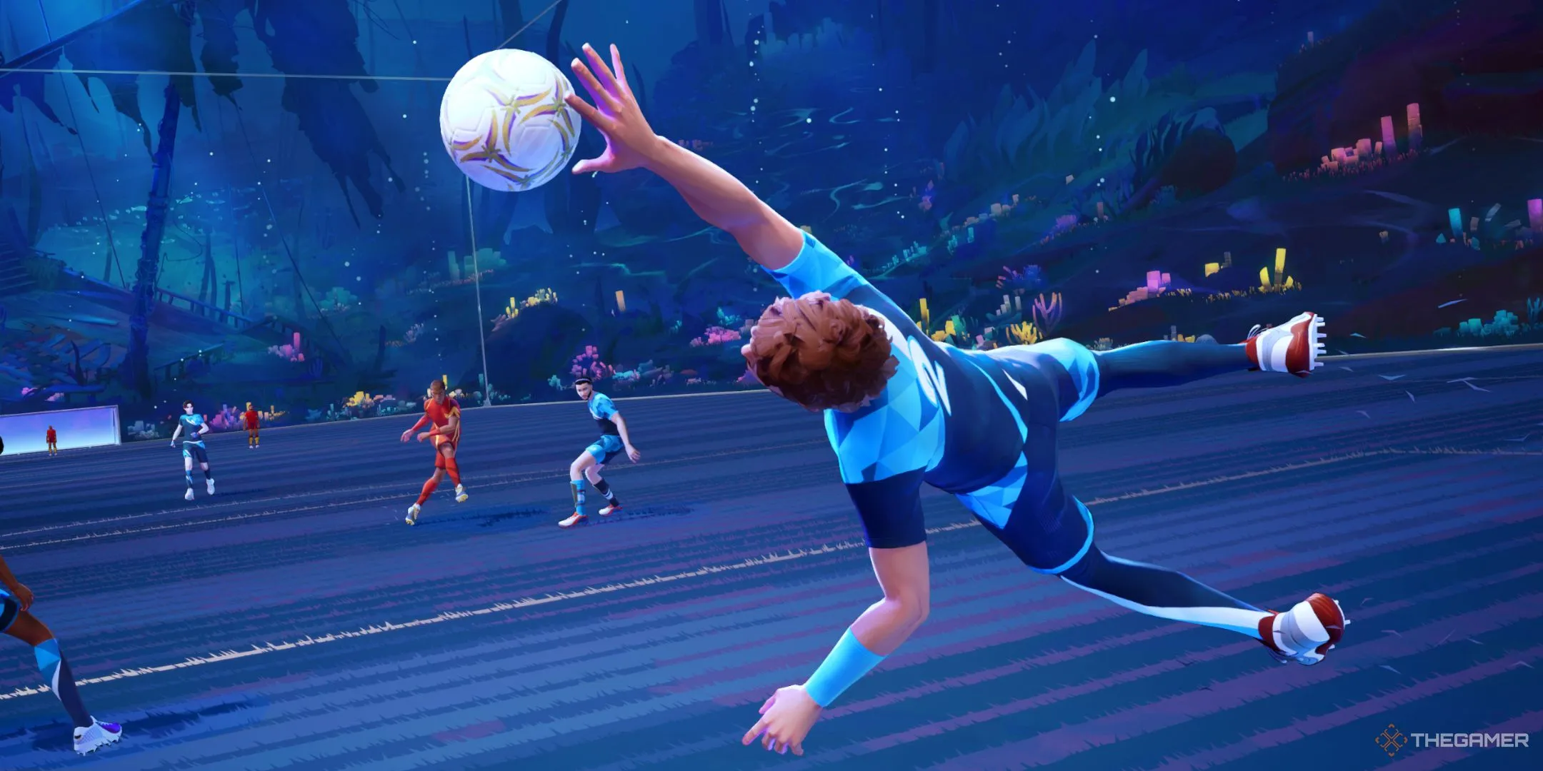 Thủ môn đang bay người cản phá bóng trong trận đấu Rematch, một tựa game bóng đá multiplayer.