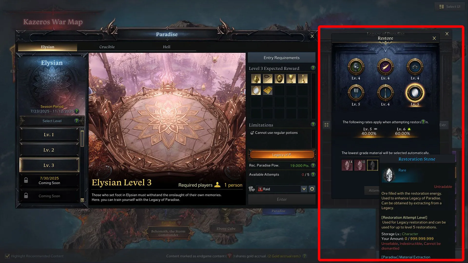 Tổng quan hệ thống trang bị Legacy of Paradise trong Lost Ark, hiển thị các món đồ mới và cơ chế phục hồi