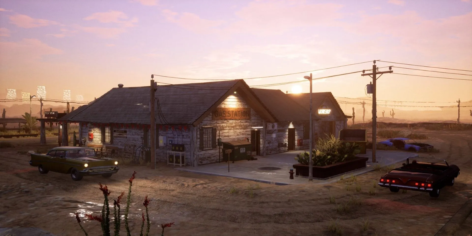 Trạm xăng trong Gas Station Simulator dưới ánh hoàng hôn, thể hiện không khí yên bình của game mô phỏng.
