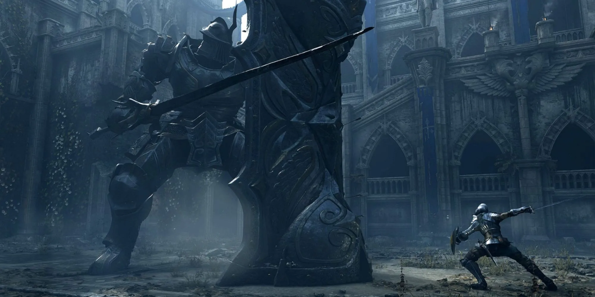 Trận chiến căng thẳng với Tower Knight trong Demon's Souls.