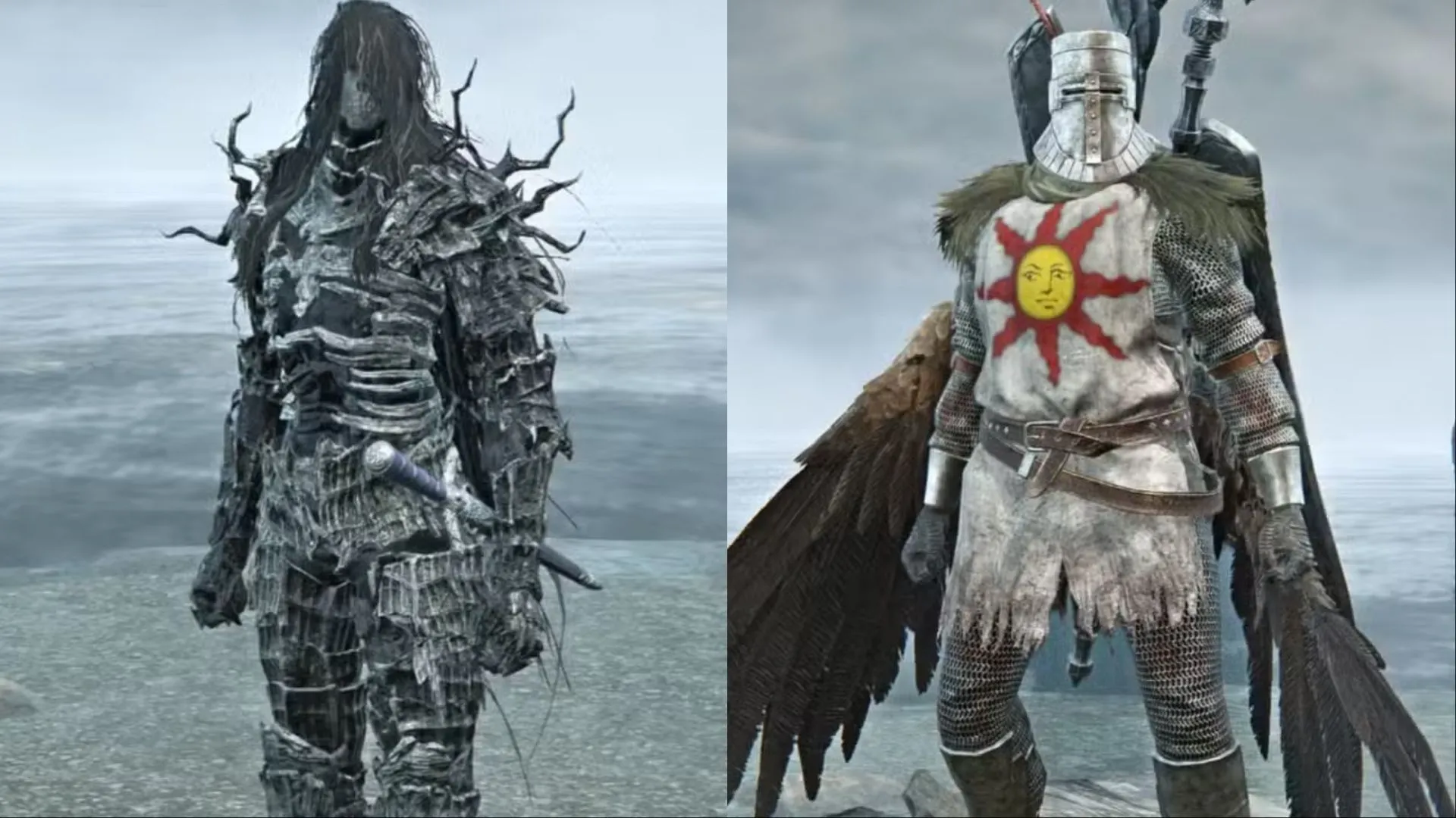 Trang phục hiệp sĩ Ánh Mặt Trời Solaire và Darkwraith trong Elden Ring Nightreign, mang biểu tượng từ Dark Souls.