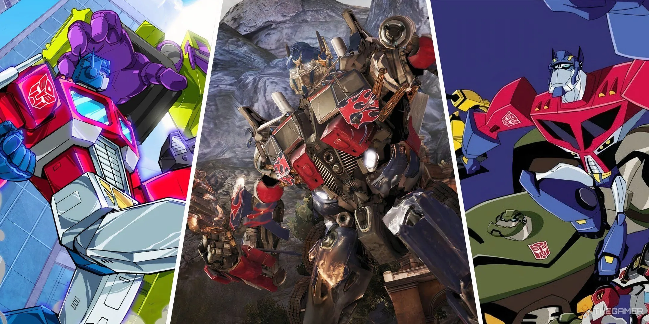 Tuyển tập hình ảnh Optimus Prime từ các game Transformers Devastation, Dark of the Moon và Transformers Animated, minh họa sự đa dạng của dòng game robot biến hình.