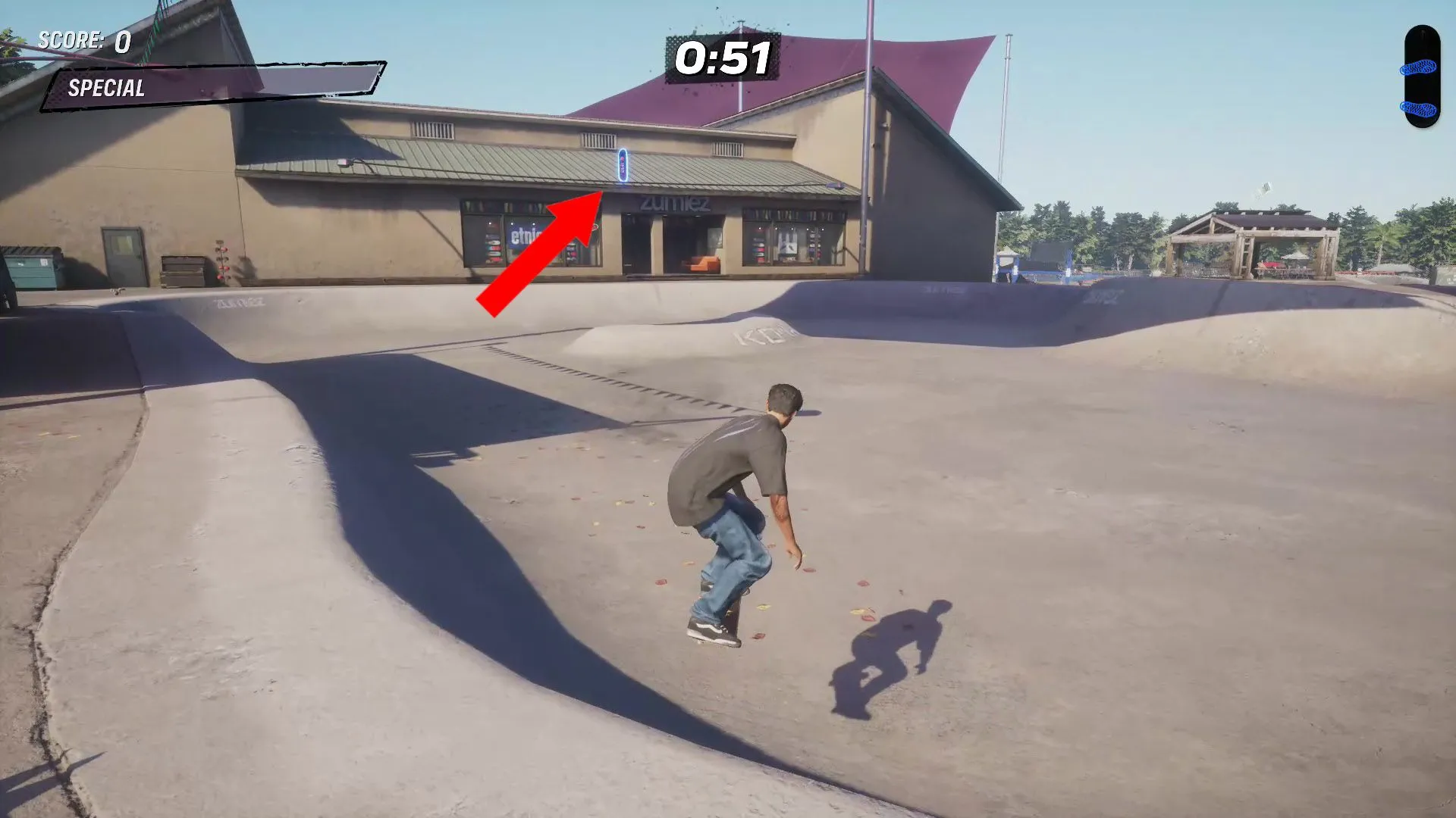Ván trượt ẩn (Hidden Deck) đang chờ được khám phá gần cửa hàng Zumiez tại khu vực Kona trong Tony Hawk’s Pro Skater