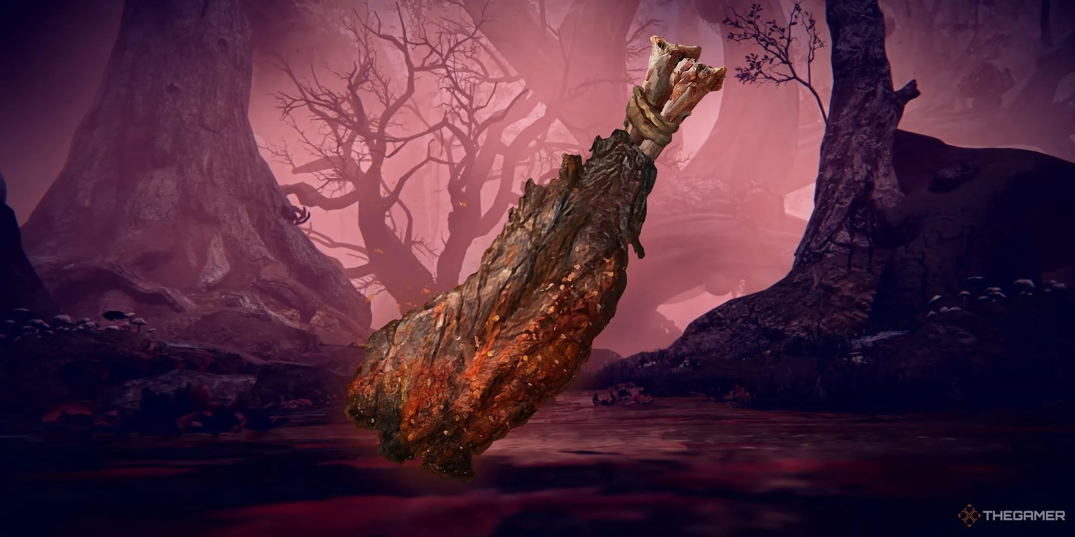 Vật phẩm Exalted Flesh đặt giữa bối cảnh Rotted Woods trong Elden Ring Nightreign, tượng trưng cho khả năng tăng cường sức mạnh tấn công vật lý.