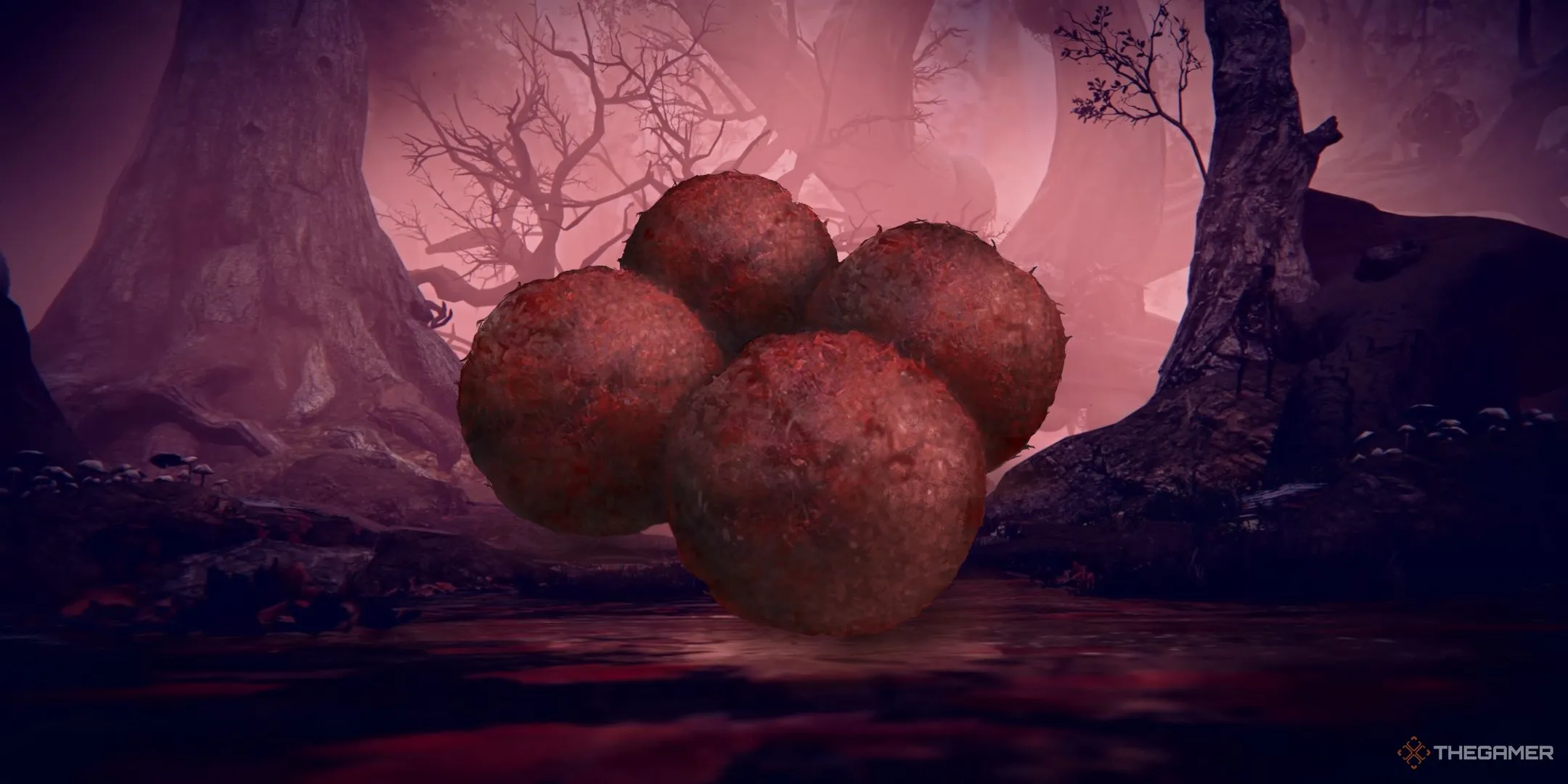 Vật phẩm Staunching Boluses đặt trước cảnh Rotted Woods hoang tàn trong game Elden Ring Nightreign, biểu tượng cho khả năng chữa bệnh và tăng kháng.