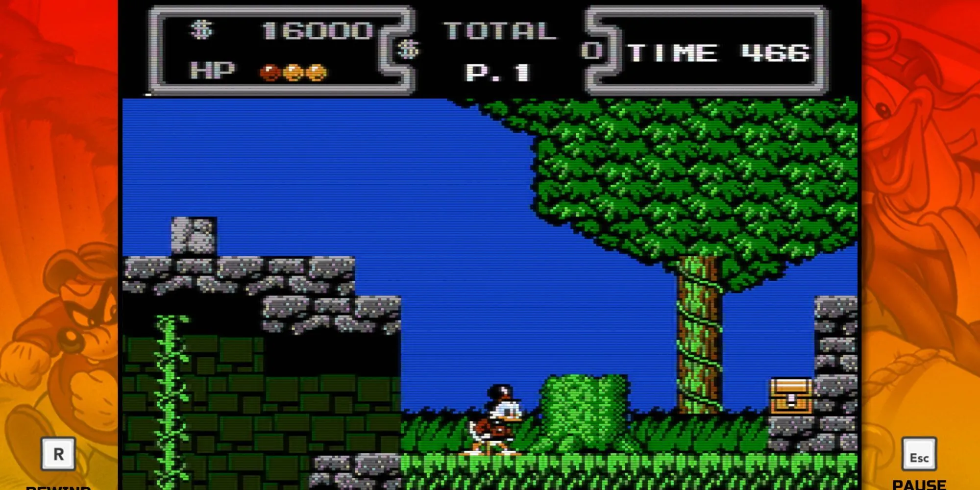 Vịt Scrooge McDuck nhảy trên đầu kẻ thù trong game DuckTales của Capcom