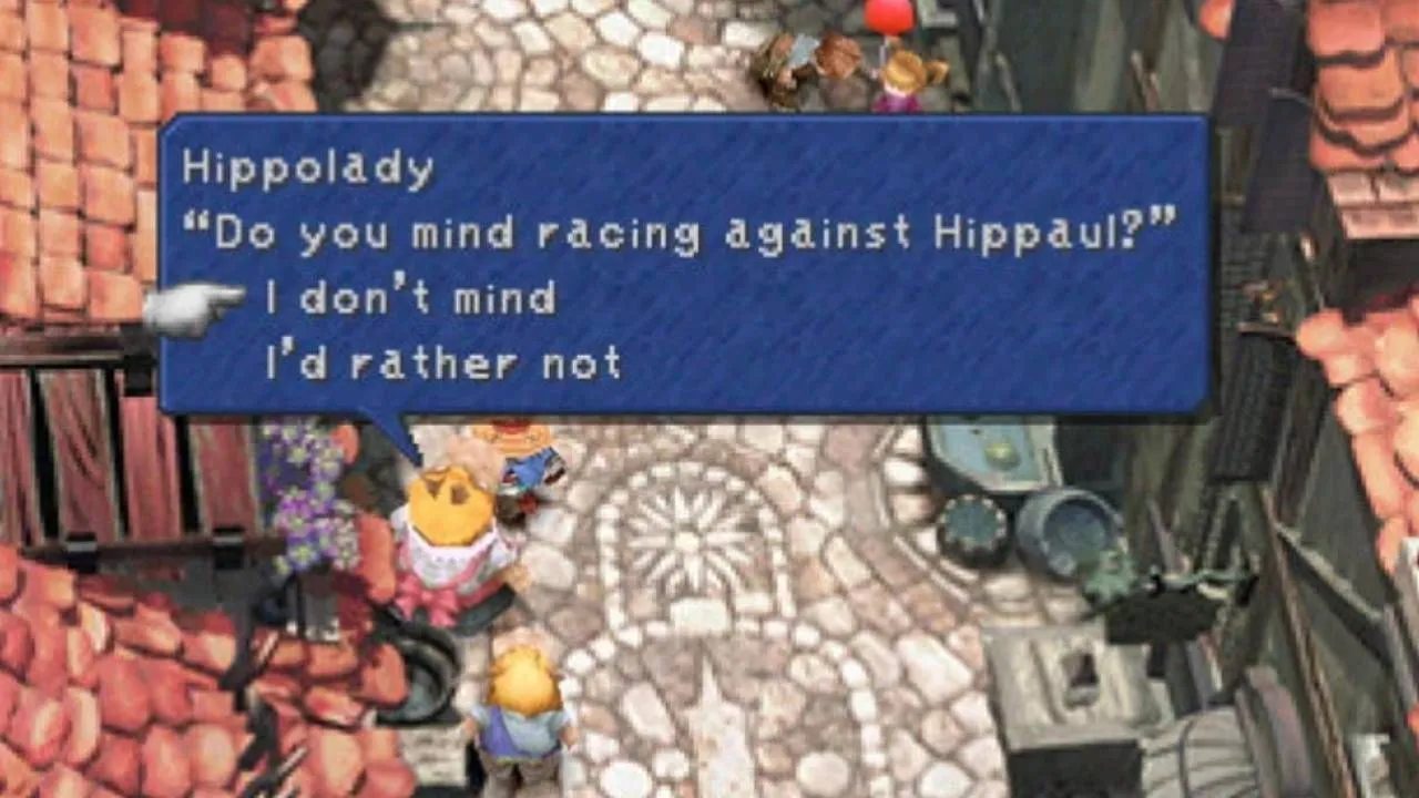 Vivi nói chuyện với Hippolady, chuẩn bị tham gia cuộc đua ngựa Hippaul đầy thử thách trong Final Fantasy 9.