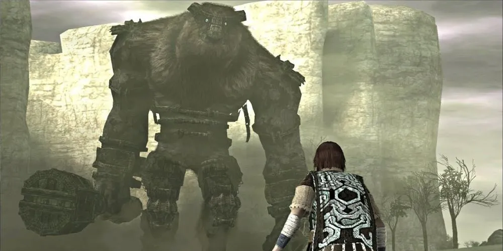 Wander đối mặt với colossus đầu tiên, Valus, trong Shadow of the Colossus, thể hiện quy mô và cảm giác đối đầu của game.