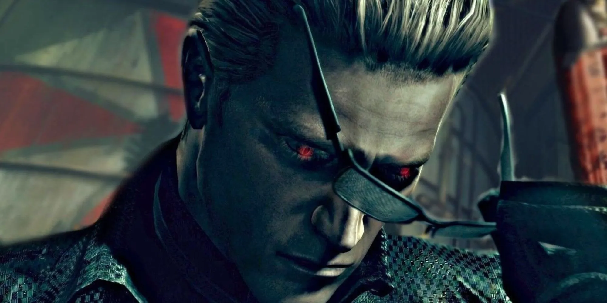 Wesker bỏ kính để lộ mắt đỏ trong Resident Evil 5.