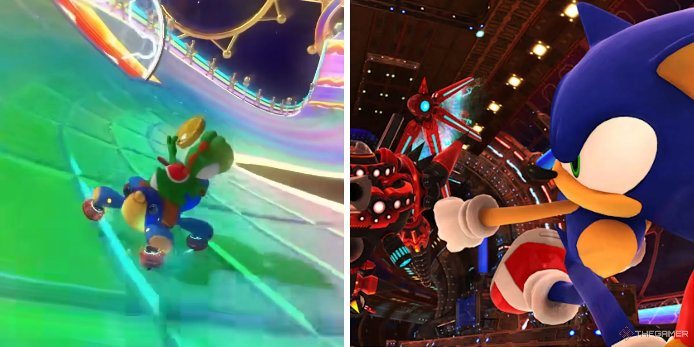 Yoshi đua trên Wii Rainbow Road trong Mario Kart 8 Deluxe và Sonic chạy trốn Eggman trong Sonic X Shadow Generations, đại diện cho thử thách speedrun.