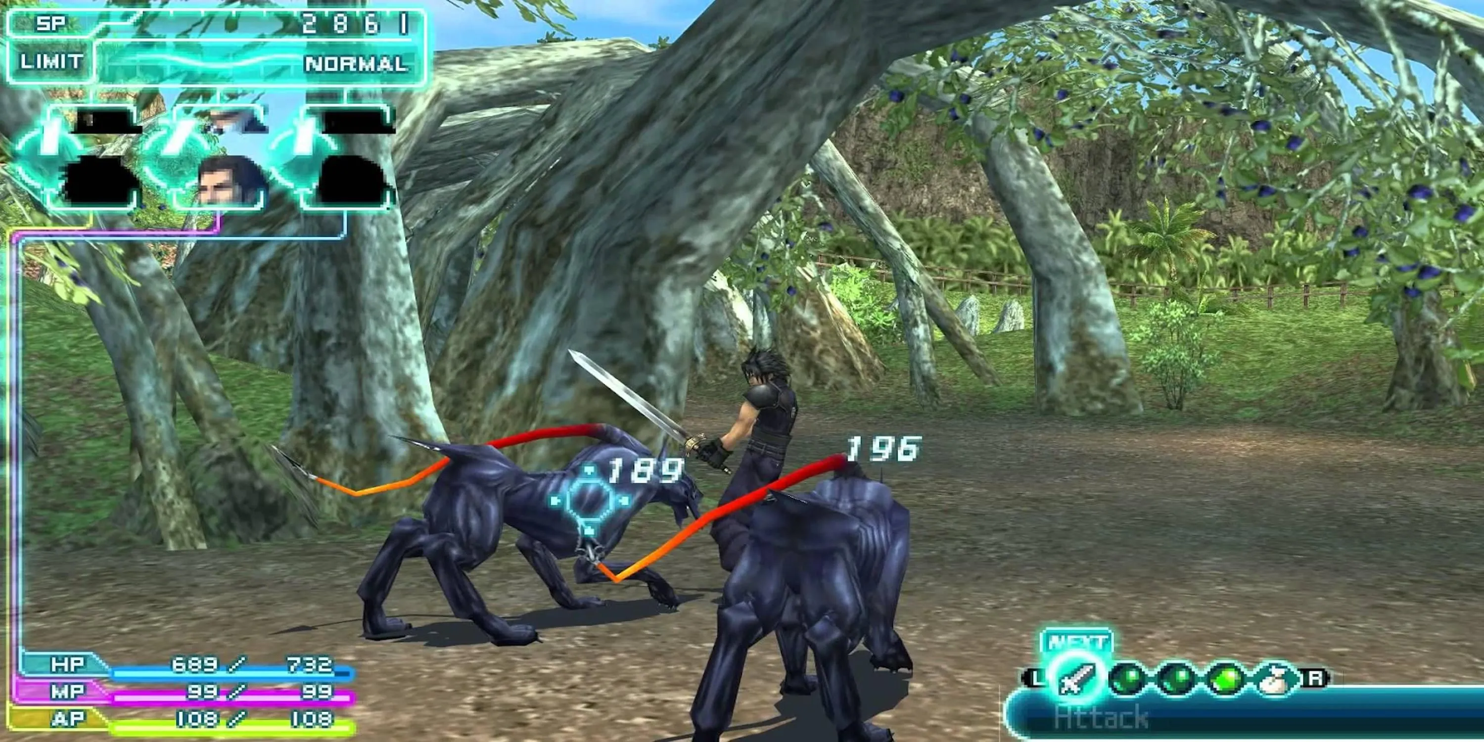 Zack Fair chiến đấu với quái vật hình chó trong Crisis Core Final Fantasy VII