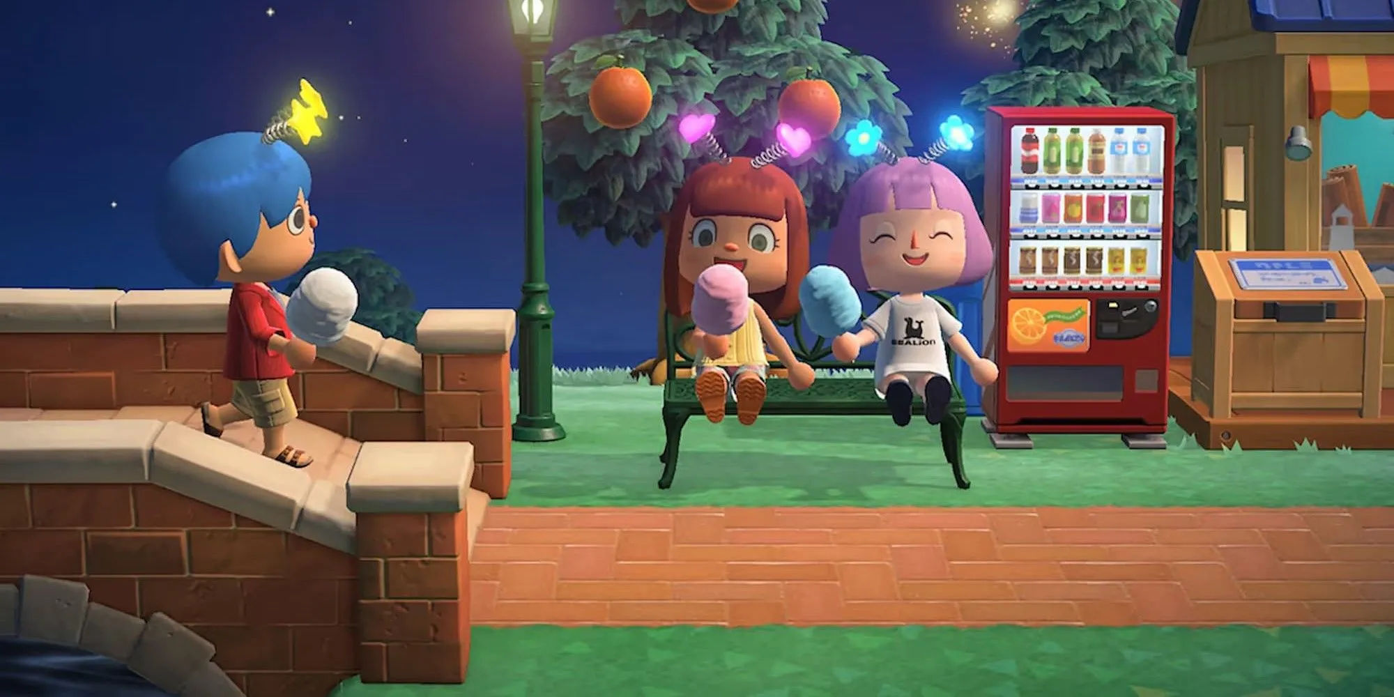 Ăn kẹo bông gòn trong Animal Crossing New Horizons, khung cảnh lễ hội