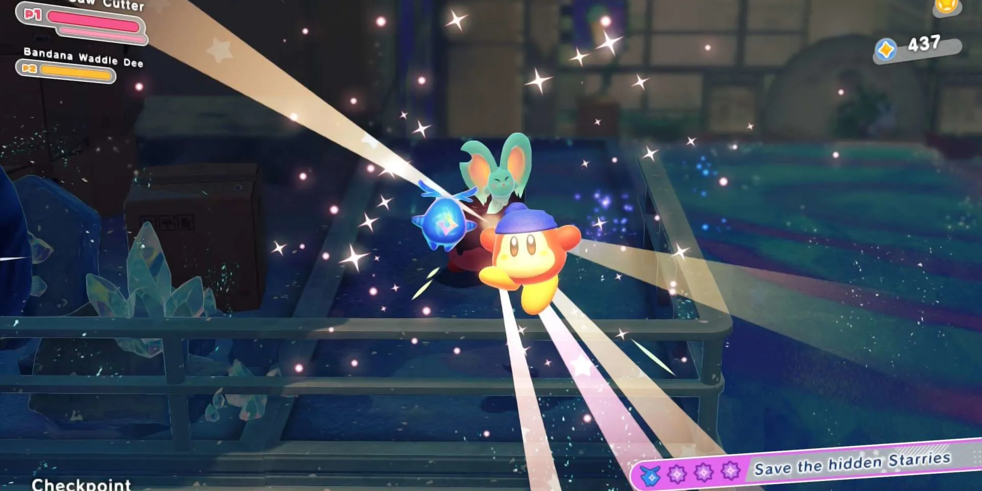 Bandana Dee giải cứu một Starry bé nhỏ dưới ánh sao huyền ảo trong Kirby: Star-Crossed World, một hình ảnh cảm động và quen thuộc của series Kirby.