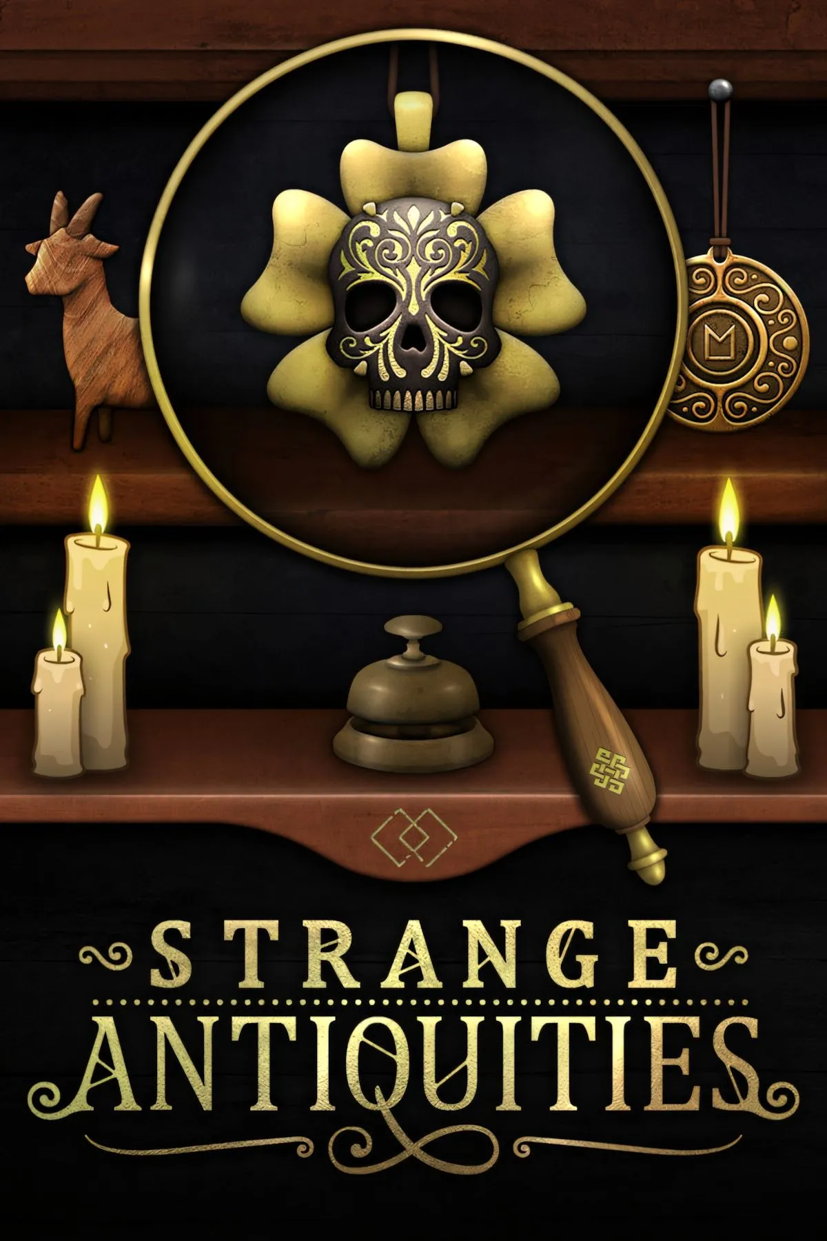 Bìa game Strange Antiquities với nhân vật chính và các cổ vật huyền bí