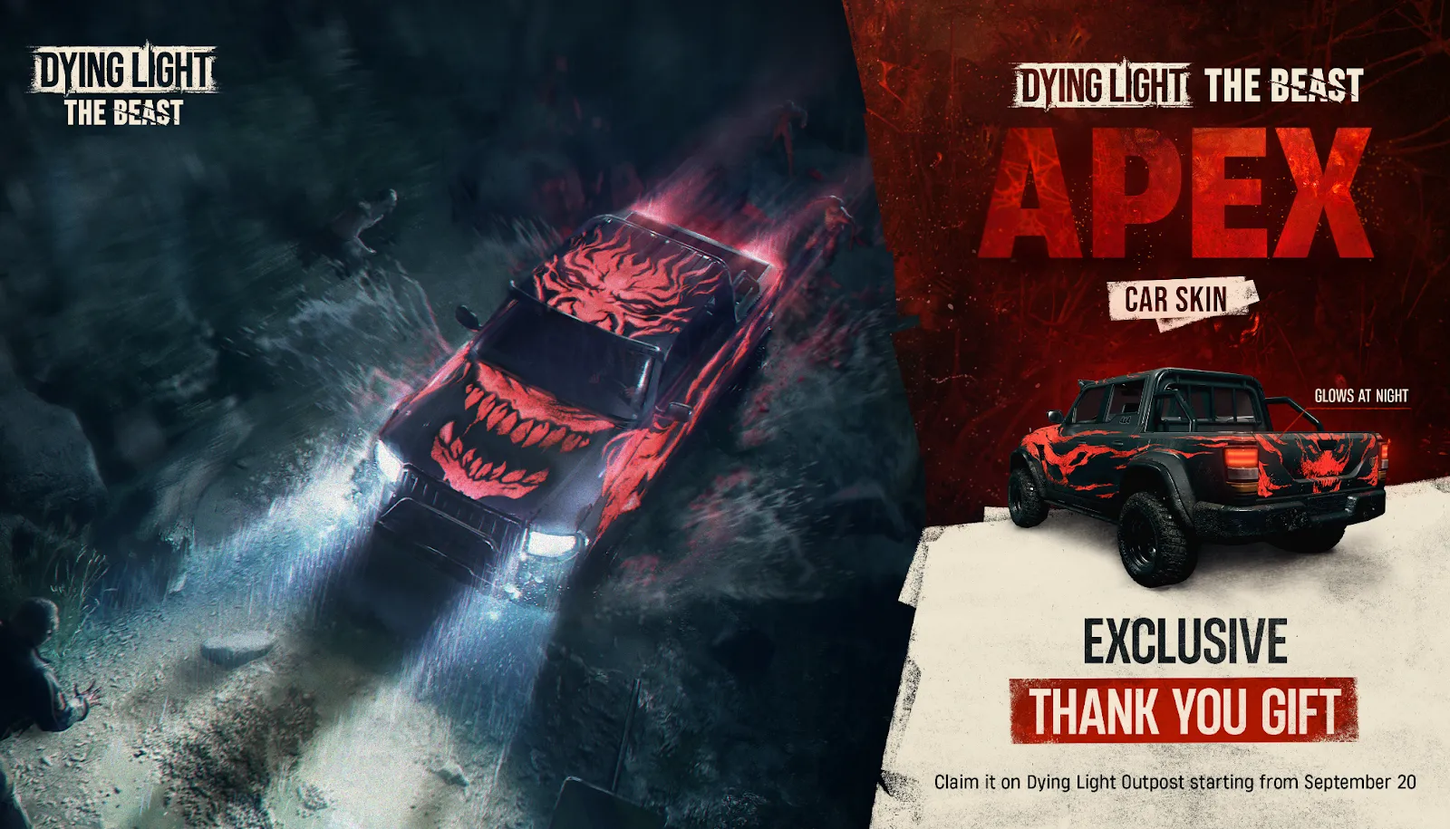 Bộ quà tặng tri ân đặc biệt &quot;Thank You&quot; của Dying Light The Beast, bao gồm skin xe APEX và skin Kyle Crane.