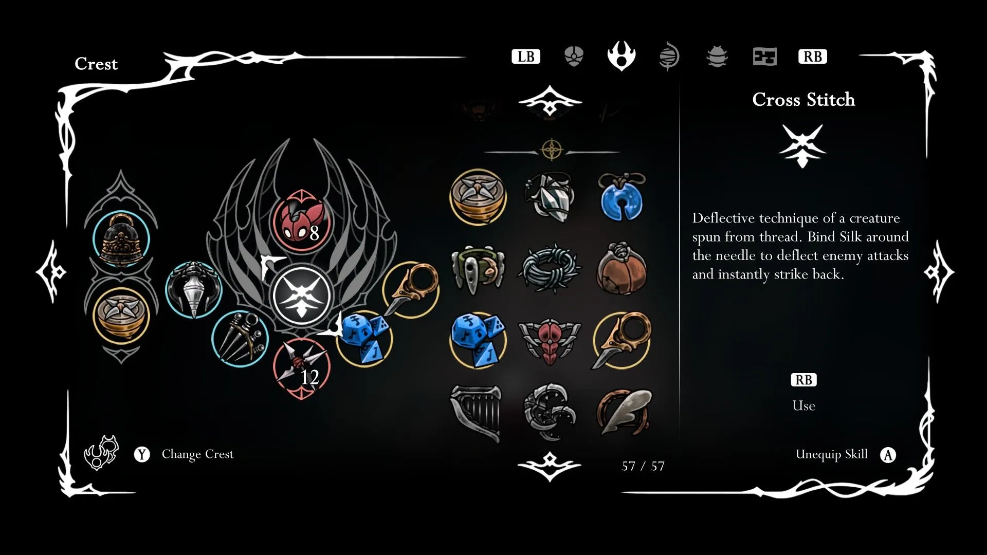 Bộ trang bị tối ưu (Loadout) để đối phó với Lost Lace trong Silksong, bao gồm Multibinder, Injector Band, Warding Bell, Cogfly, Sting Shard, Magnetite Dice, Cling Grip và Cross-Stitch.