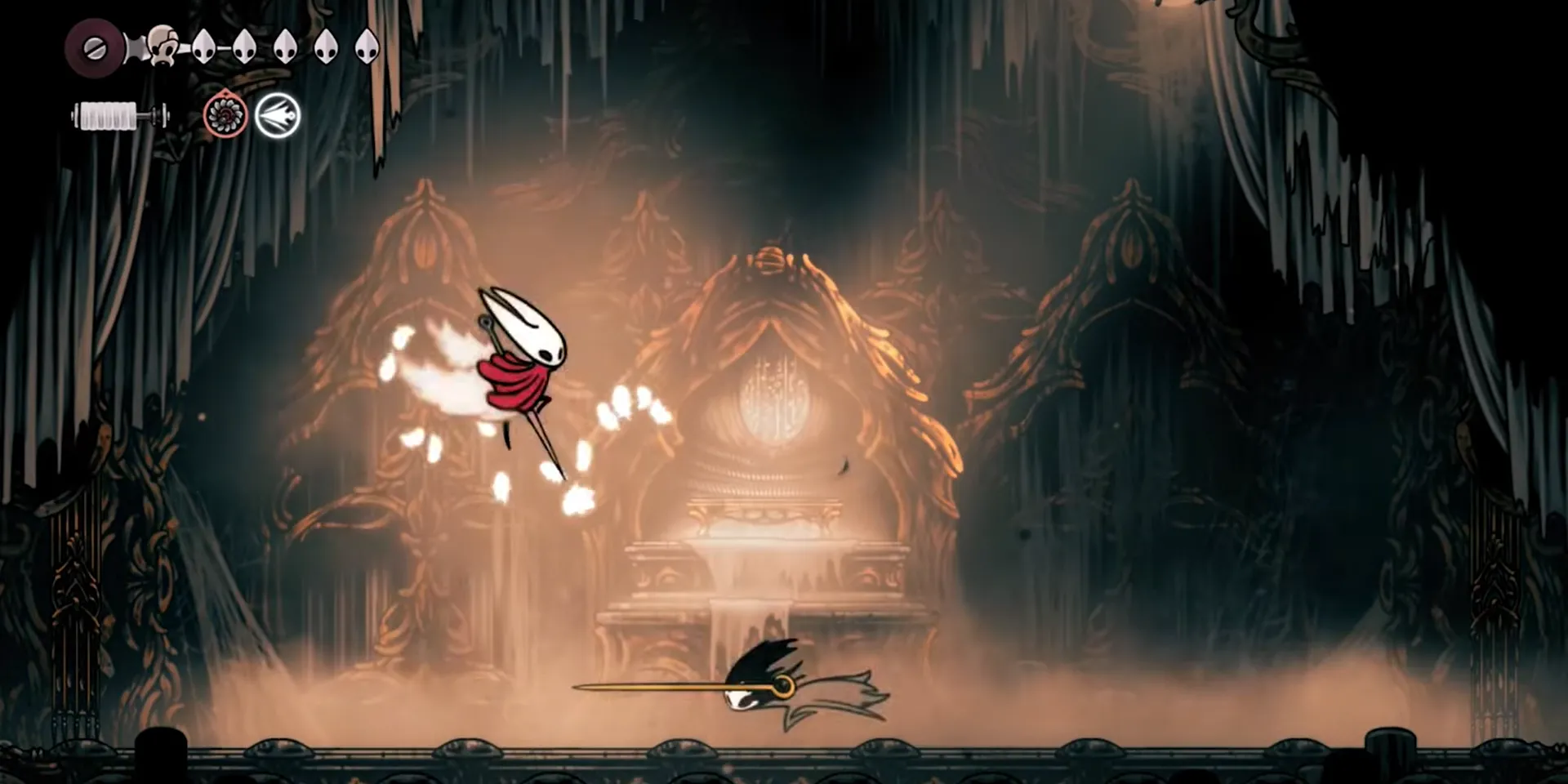 Boss Phantom thanh lịch trong Hollow Knight Silksong tại Bilewater, với những pha phản đòn chớp nhoáng đầy nghệ thuật.