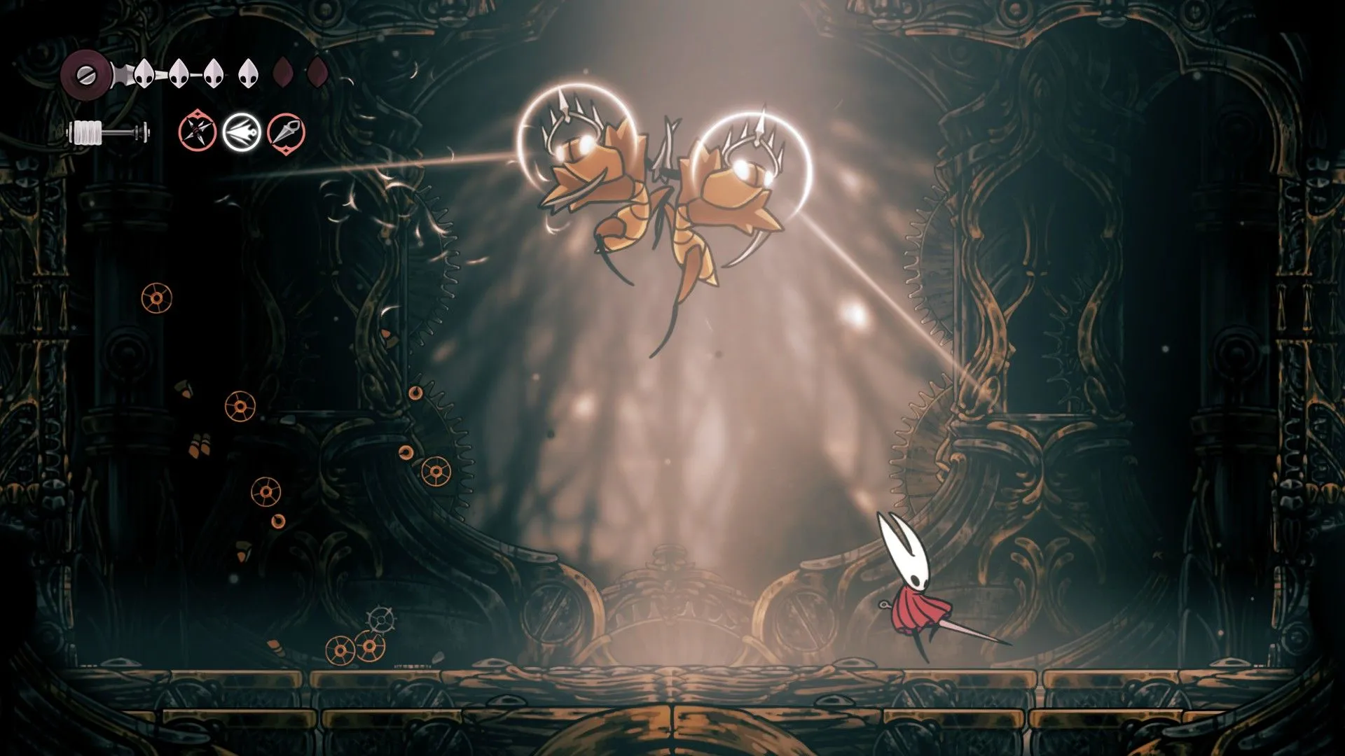 Các Cogwork Dancers thực hiện vũ điệu chết chóc tại Cogwork Core trong Hollow Knight Silksong, một trận đấu đòi hỏi vị trí tối ưu.