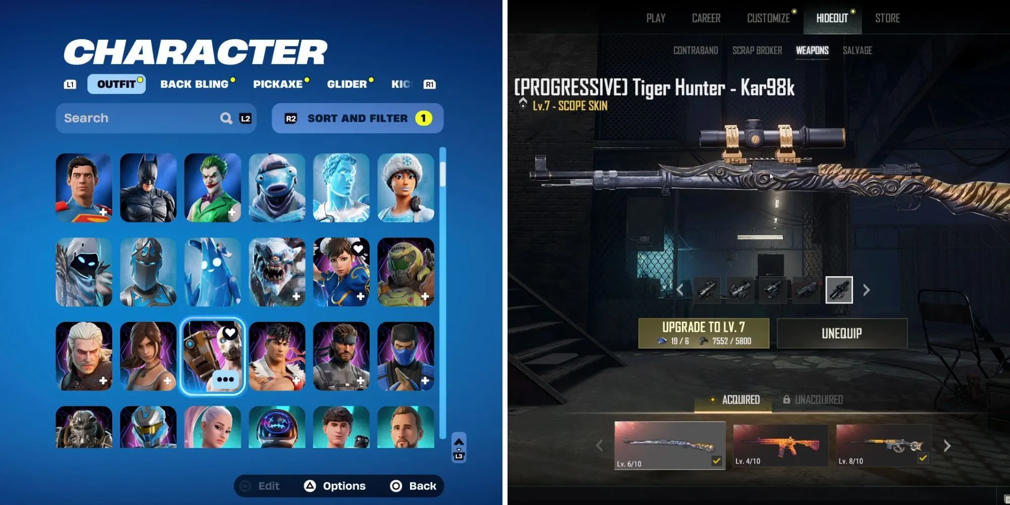 Các nhân vật Fortnite với trang phục độc đáo từ các thương hiệu hợp tác nổi tiếng như Batman và Goku, thể hiện sự đa dạng về ngoại trang