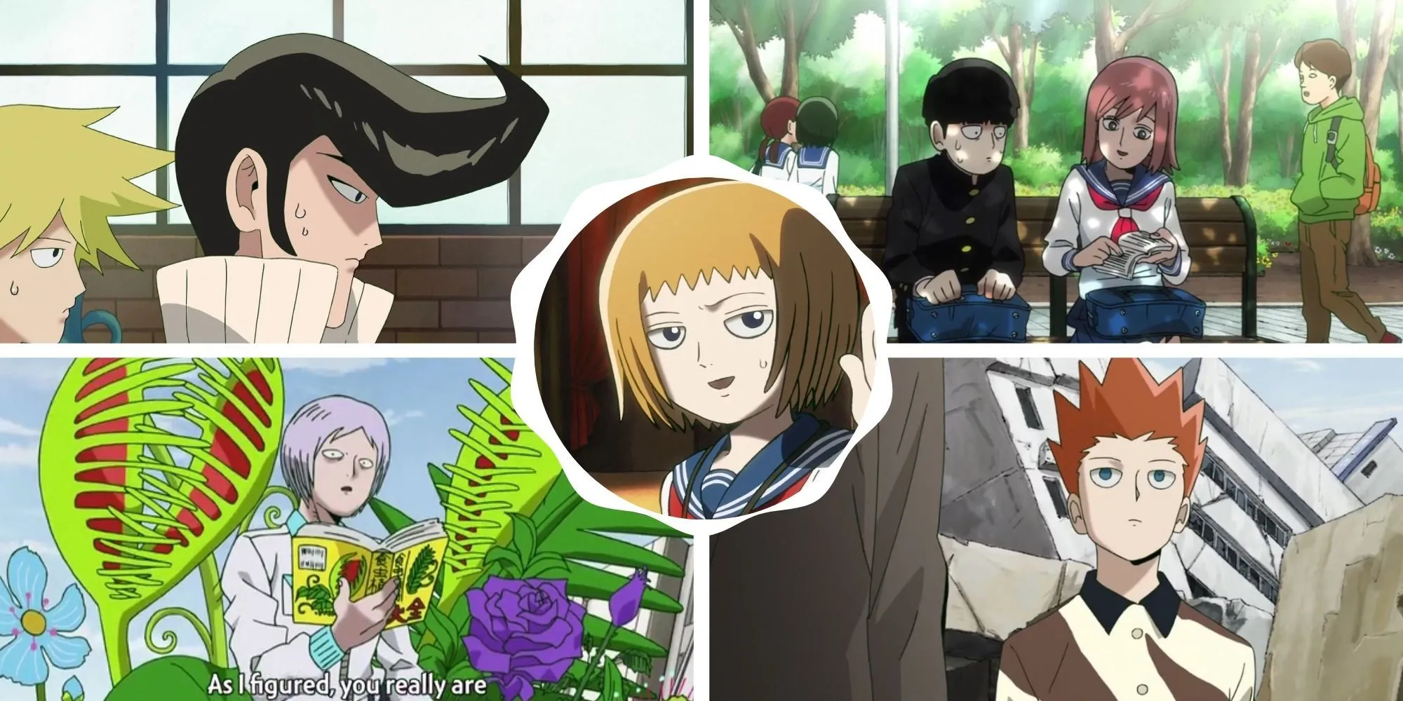 Các nhân vật phụ trong Mob Psycho 100, mỗi người với biểu cảm và dáng vẻ đặc trưng, gợi lên những câu chuyện cá nhân