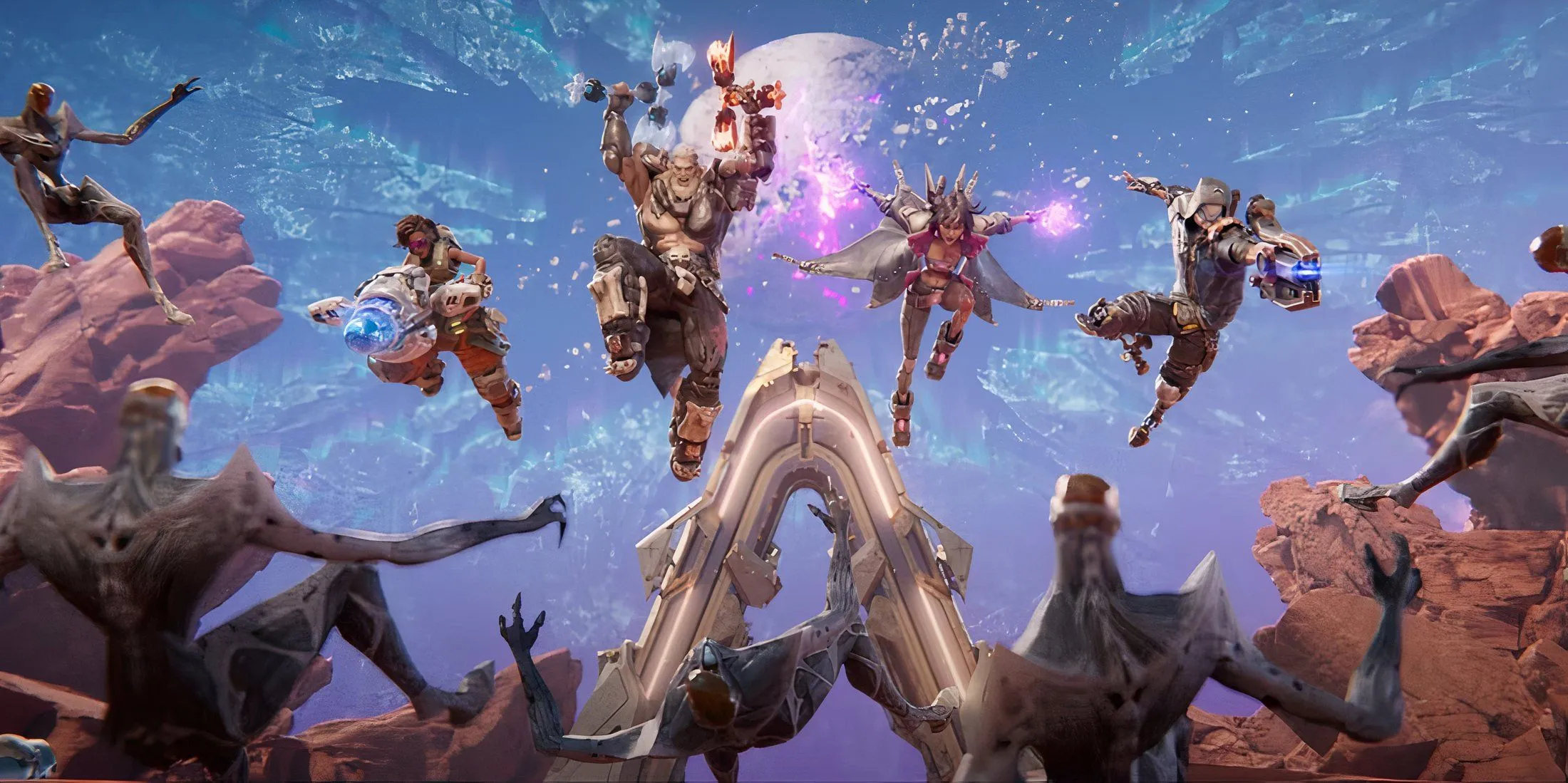 Các Vault Hunter mới của Borderlands 4 cùng tấn công một nhóm kẻ địch, thể hiện tinh thần đồng đội và lối chơi tốc độ cao.