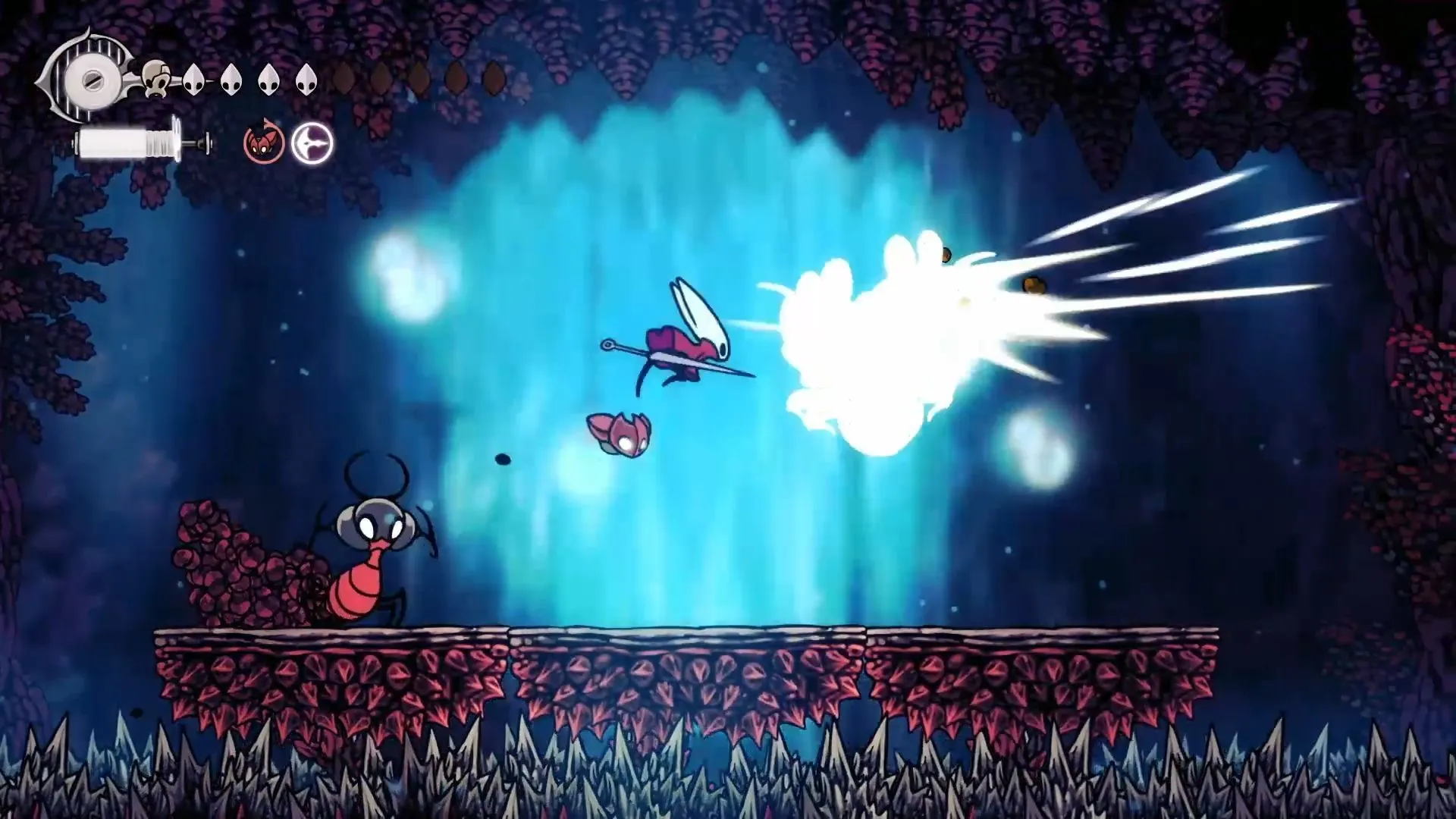 Cảnh quan căn phòng thứ tư của Coral Tower trong Hollow Knight Silksong, một sự kết hợp đầy thử thách của các kẻ thù trước đó.