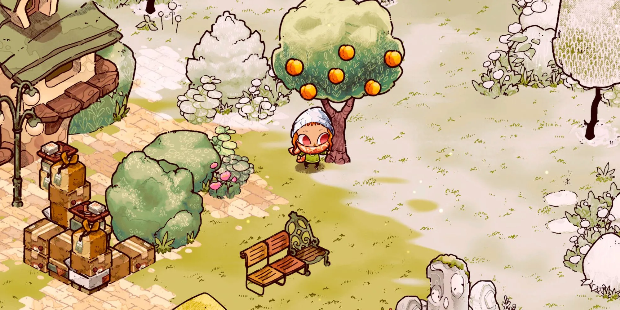 Công viên Cozy Grove với cây cam đang nở hoa, tạo cảm giác yên bình