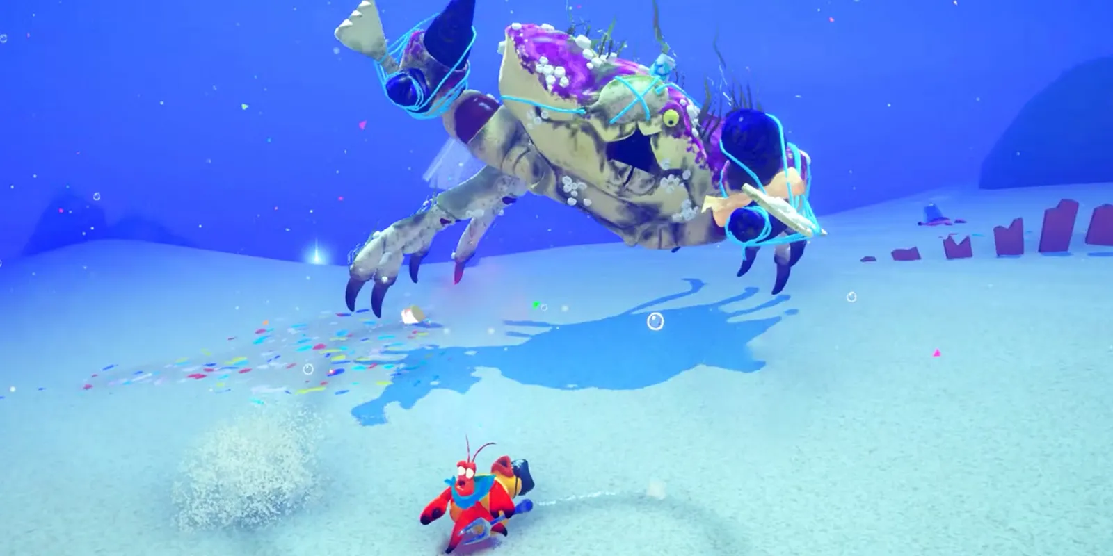 Cua Pagurus chiến đấu với quái vật biển dùng vỏ chai làm giáp trong Another Crab's Treasure