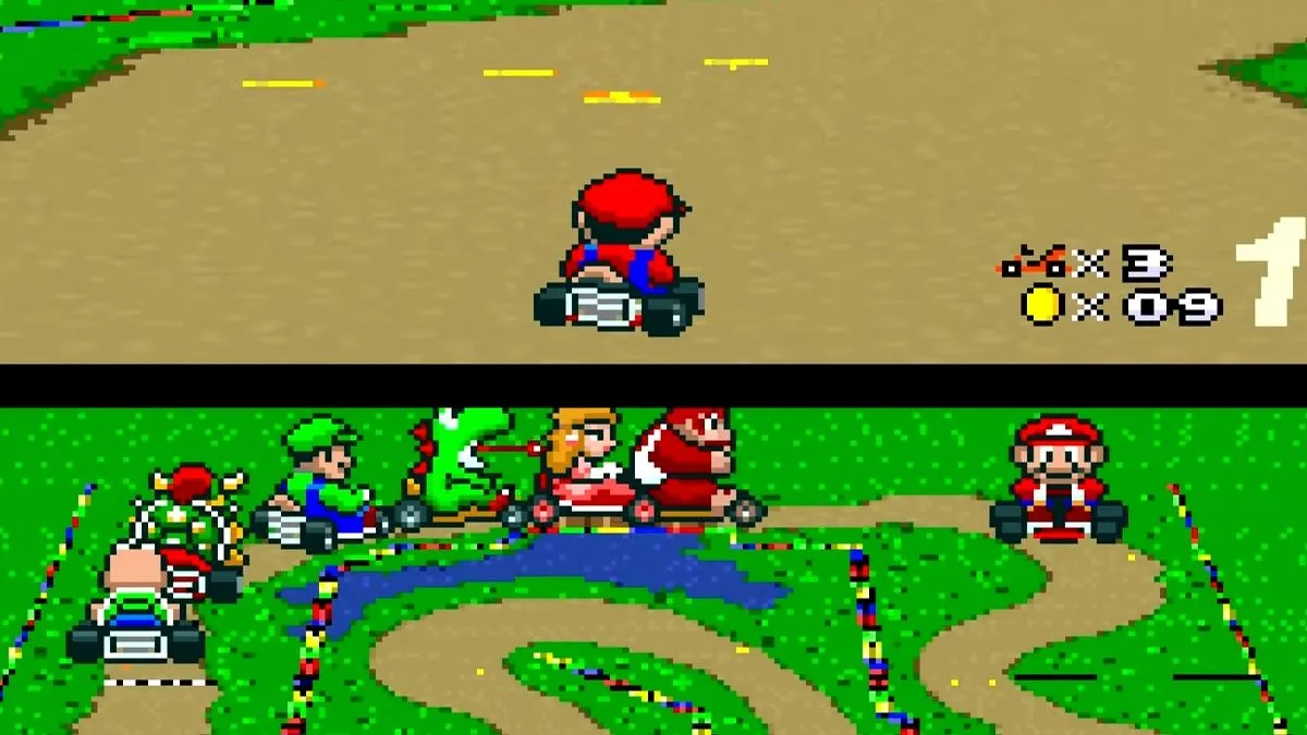Cuộc đua đầy kịch tính với Mario và Luigi trên đường đua SNES Mario Circuit trong Super Mario Kart