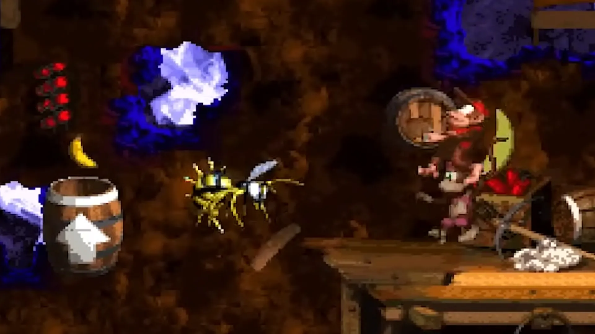 Diddy Kong và Dixie Kong đu dây qua một khu vực nguy hiểm trong Donkey Kong Country 2: Diddy's Kong Quest