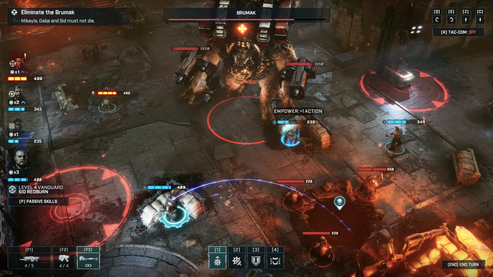 Gears Tactics Brumak đối đầu một đội quân COG trong một trận chiến chiến thuật theo lượt đầy căng thẳng, thể hiện lối chơi độc đáo của tựa game này
