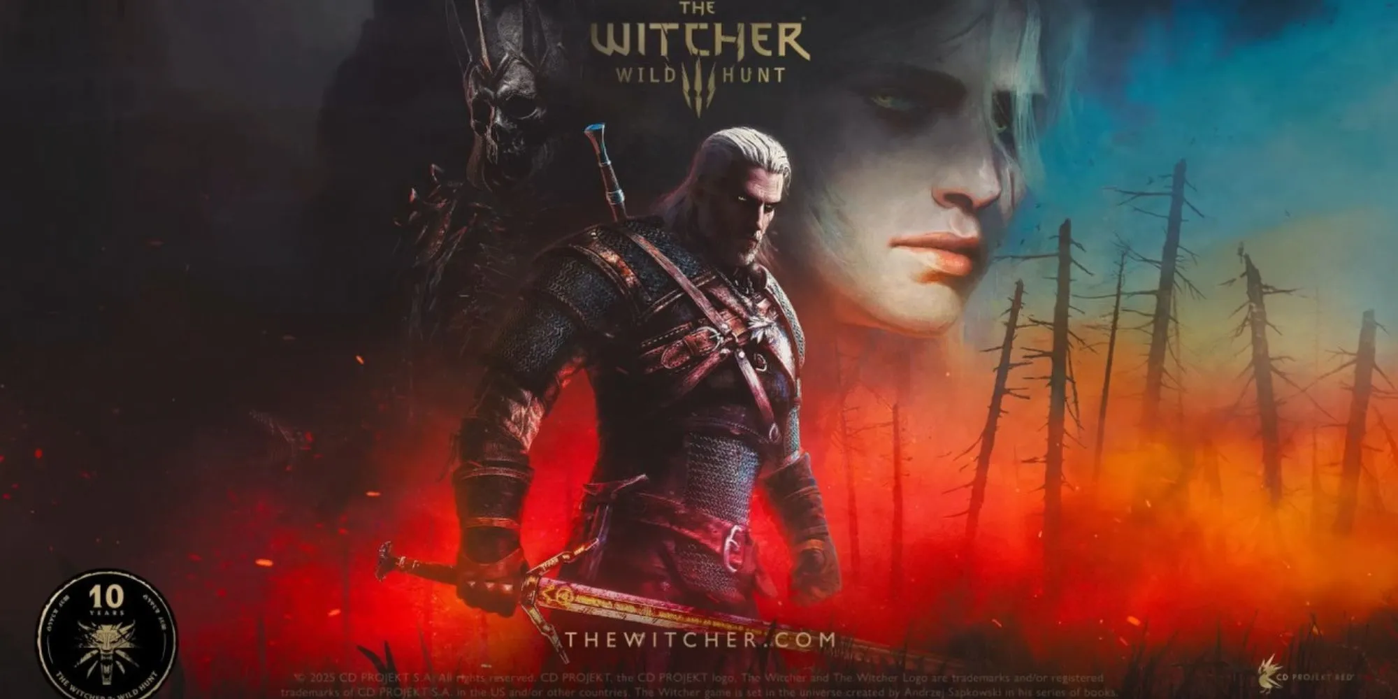 Geralt chiến đấu với quái vật và các nhân vật khác trong hình ảnh quảng bá phiên bản kỷ niệm 10 năm The Witcher 3