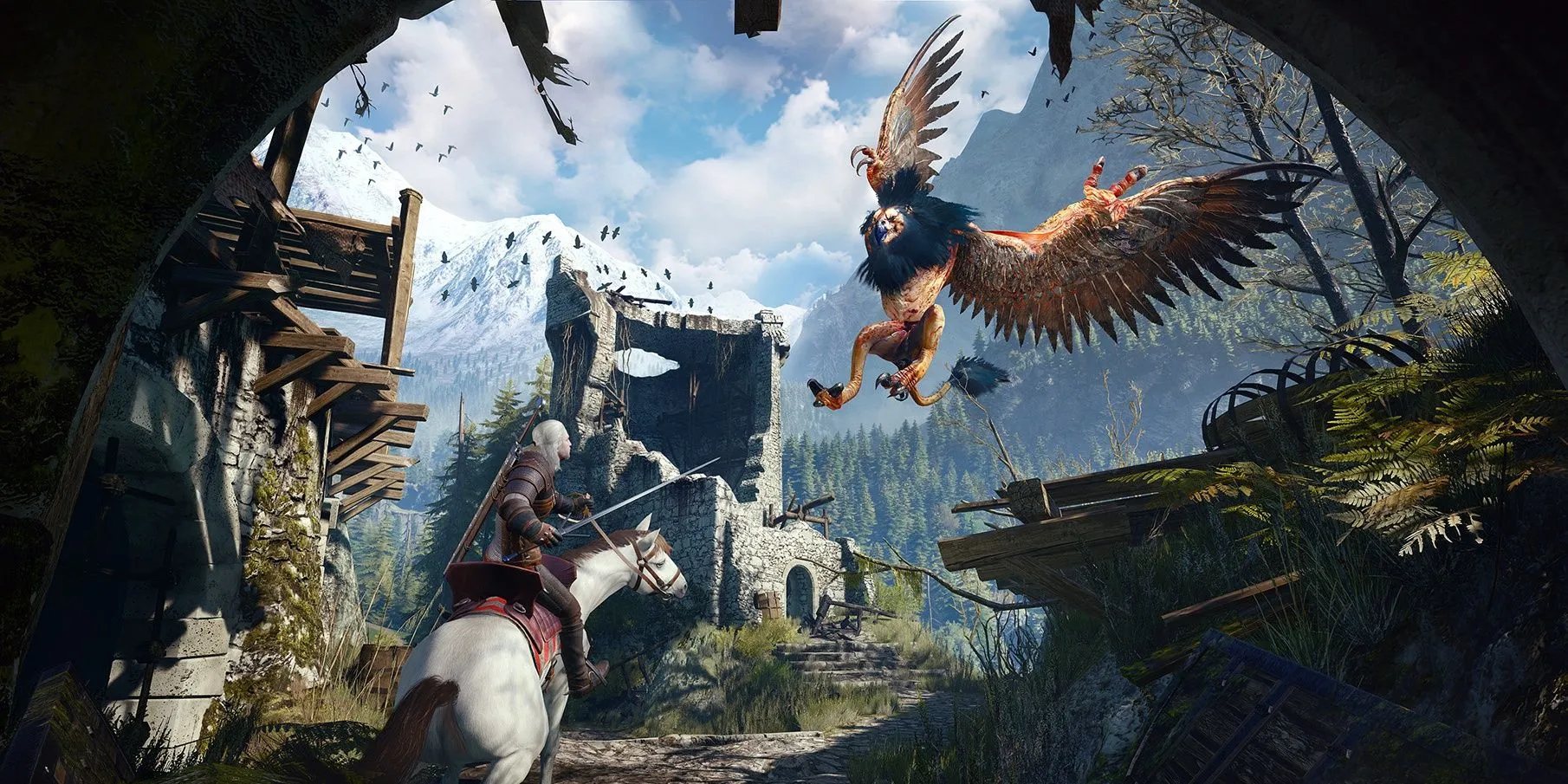 Geralt cưỡi ngựa chiến đấu với một con quái vật lớn trong The Witcher 3, gợi nhớ phong cách khám phá thế giới mở