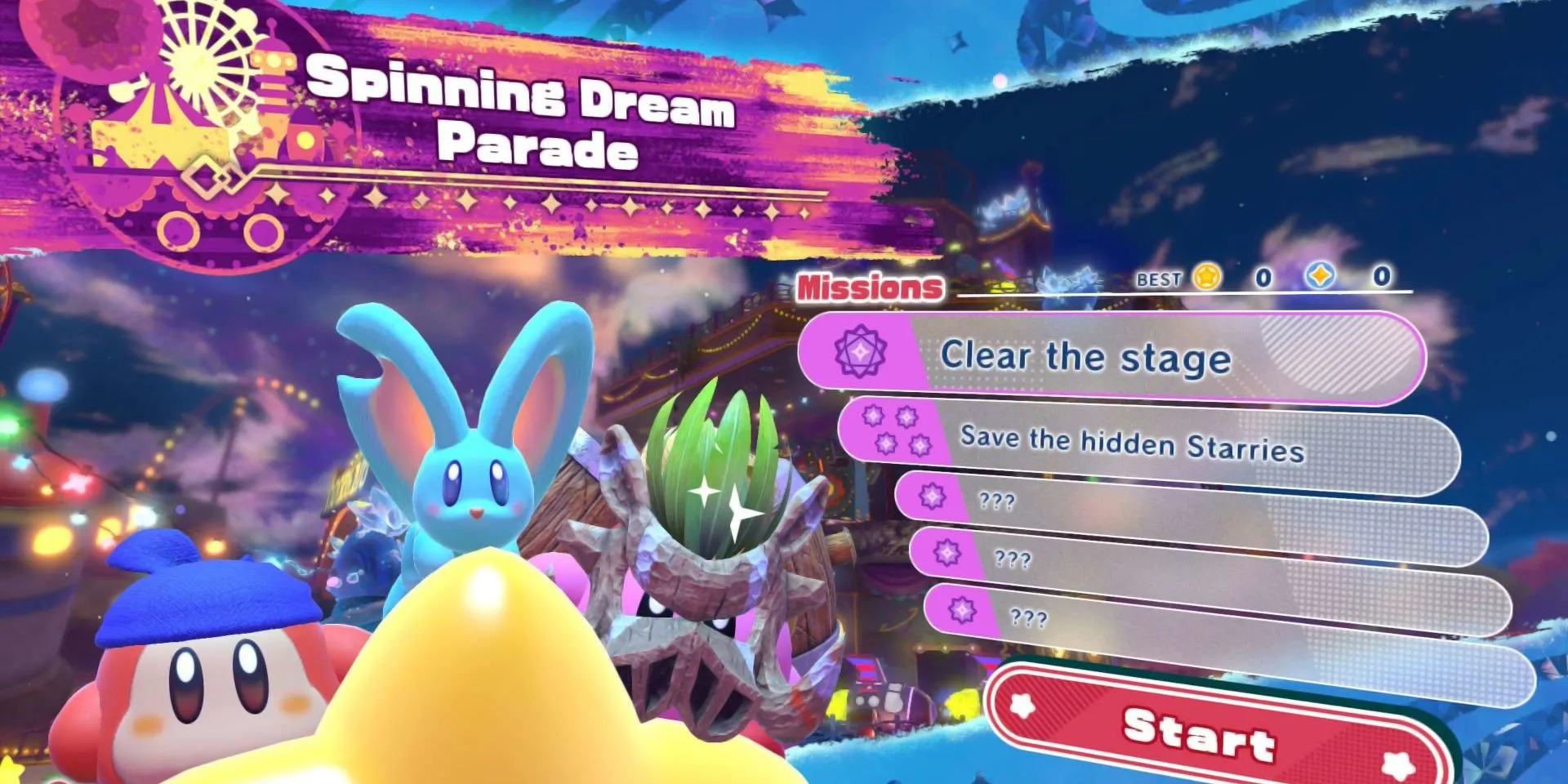 Giao diện các mục tiêu nhiệm vụ đang bị khóa trong Kirby: Star-Crossed World, gợi ý về những bí mật cần được khám phá để hoàn thành màn chơi một cách trọn vẹn.