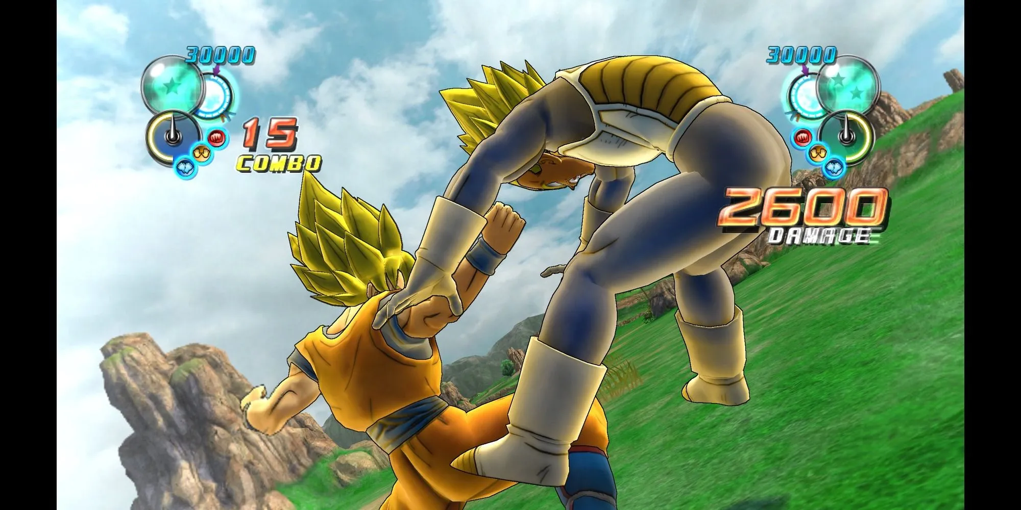 Goku và Vegeta trong một cảnh chiến đấu đậm chất anime của Dragon Ball: Ultimate Tenkaichi.